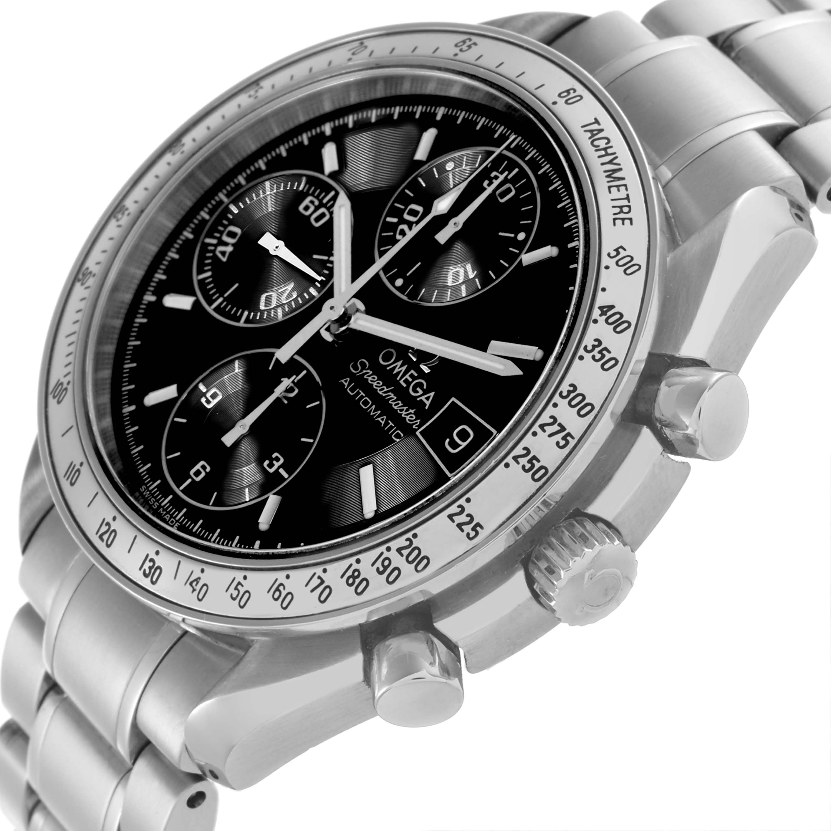 The Omega Speedmaster 3513.50.00 Men
s Stainless Steel Black Dial 3513.50.00 Men
s Stainless Steel Black Dial watch is shown at a side angle, highlighting the face, bezel, crown, and bracelet.
