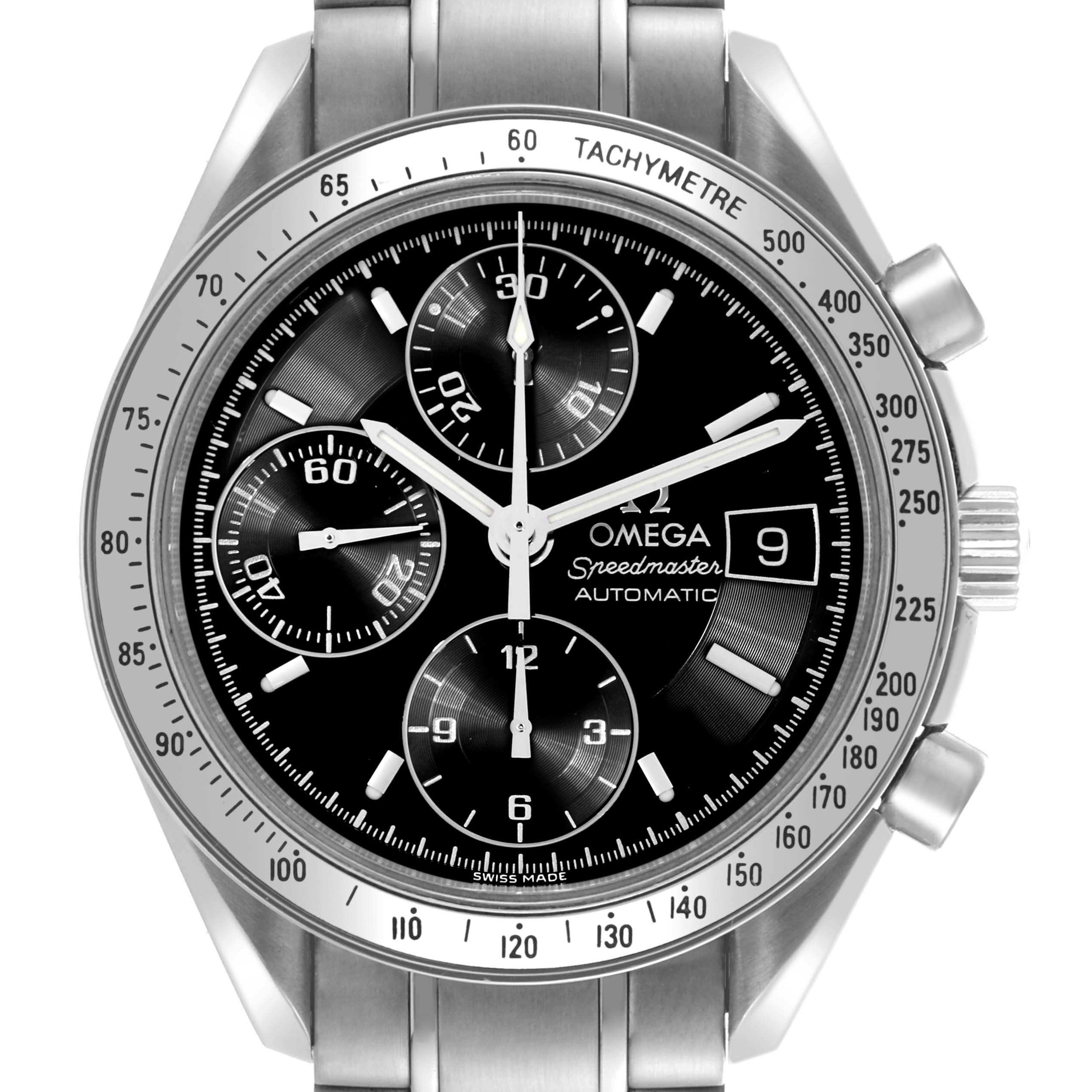 The Omega Speedmaster 3513.50.00 Men
s Stainless Steel Black Dial 3513.50.00 Men
s Stainless Steel Black Dial watch is shown from a front angle, highlighting its dial, subdials, and tachymeter bezel.