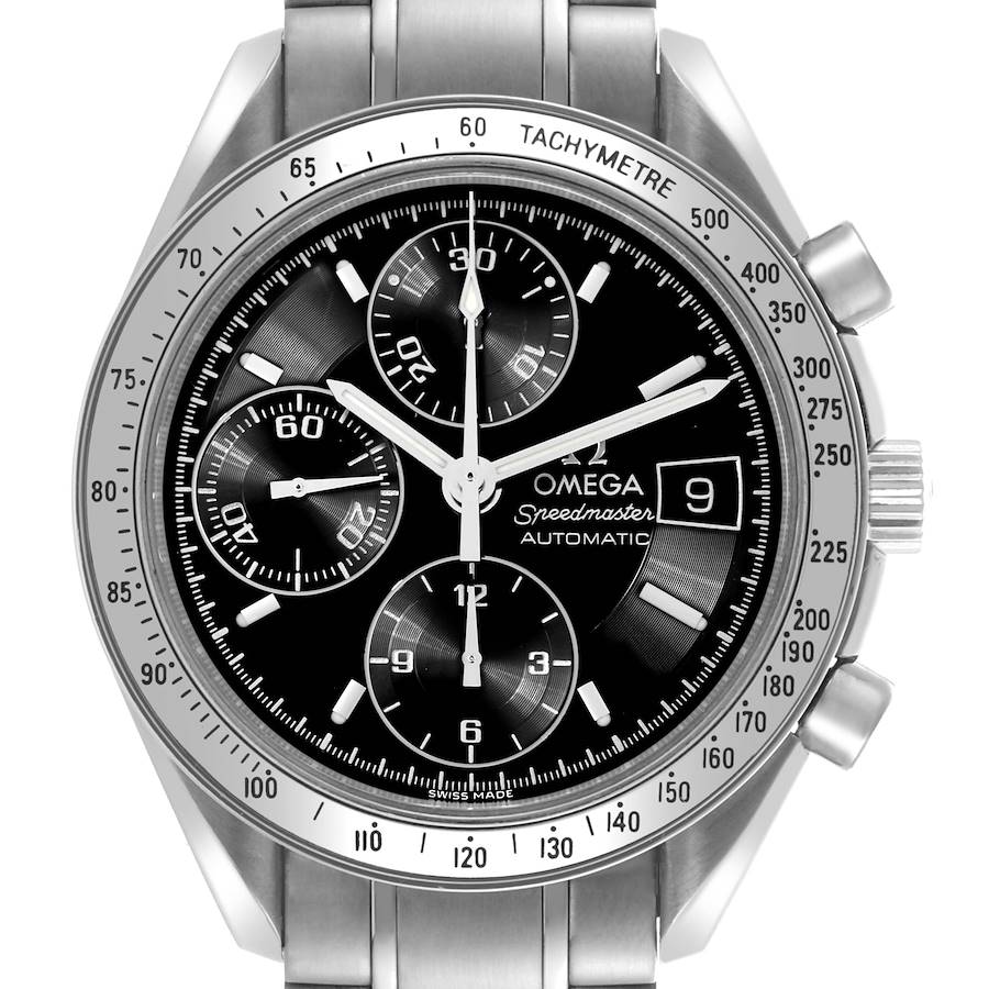 The Omega Speedmaster watch is shown from a front angle, highlighting its dial, subdials, and tachymeter bezel.