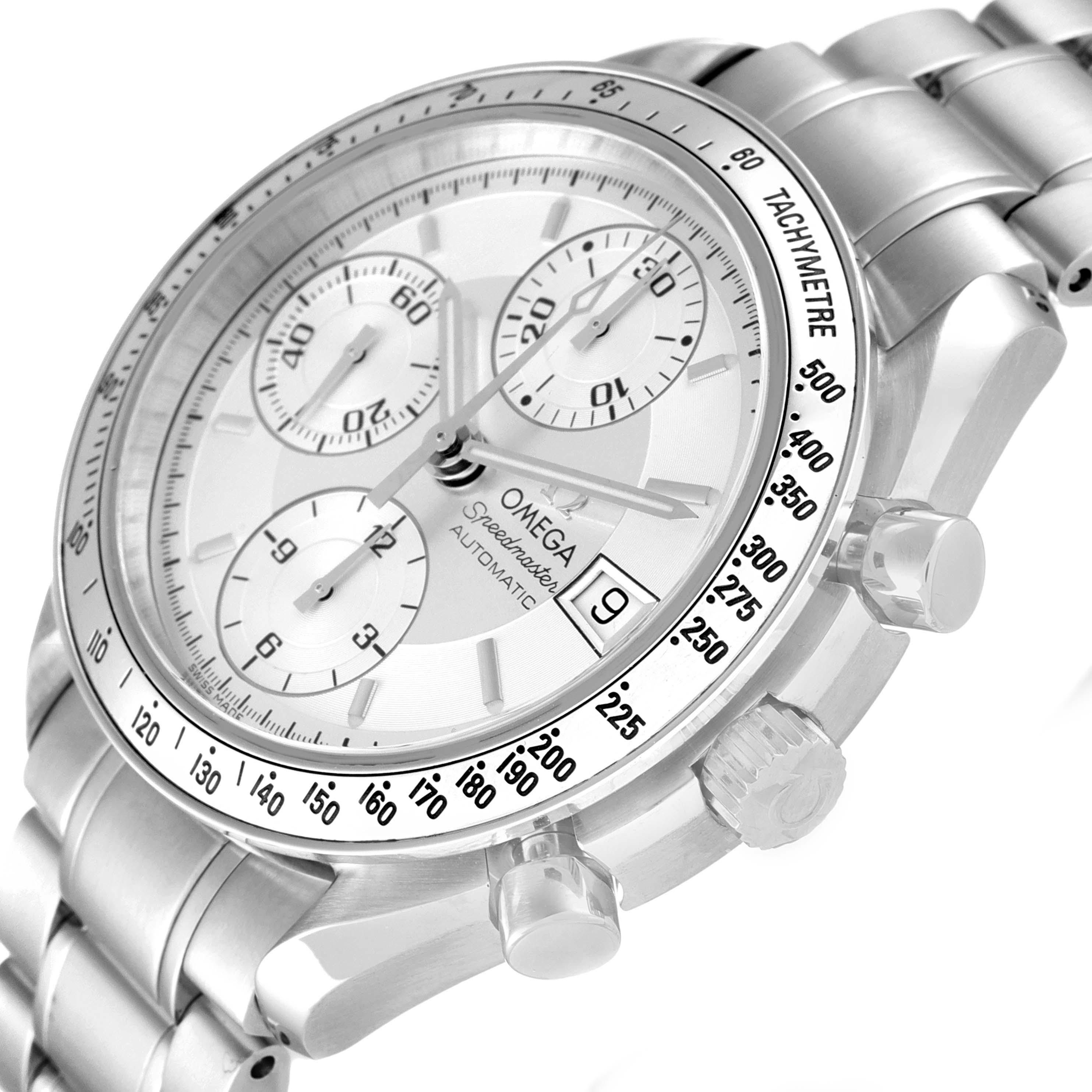 The image shows a close-up angle of the Omega Speedmaster 3513.30.00 Men
s Stainless Steel Silver Dial 3513.30.00 Men
s Stainless Steel Silver Dial watch, highlighting the dial, bezel, crown, chronograph pushers, and bracelet.