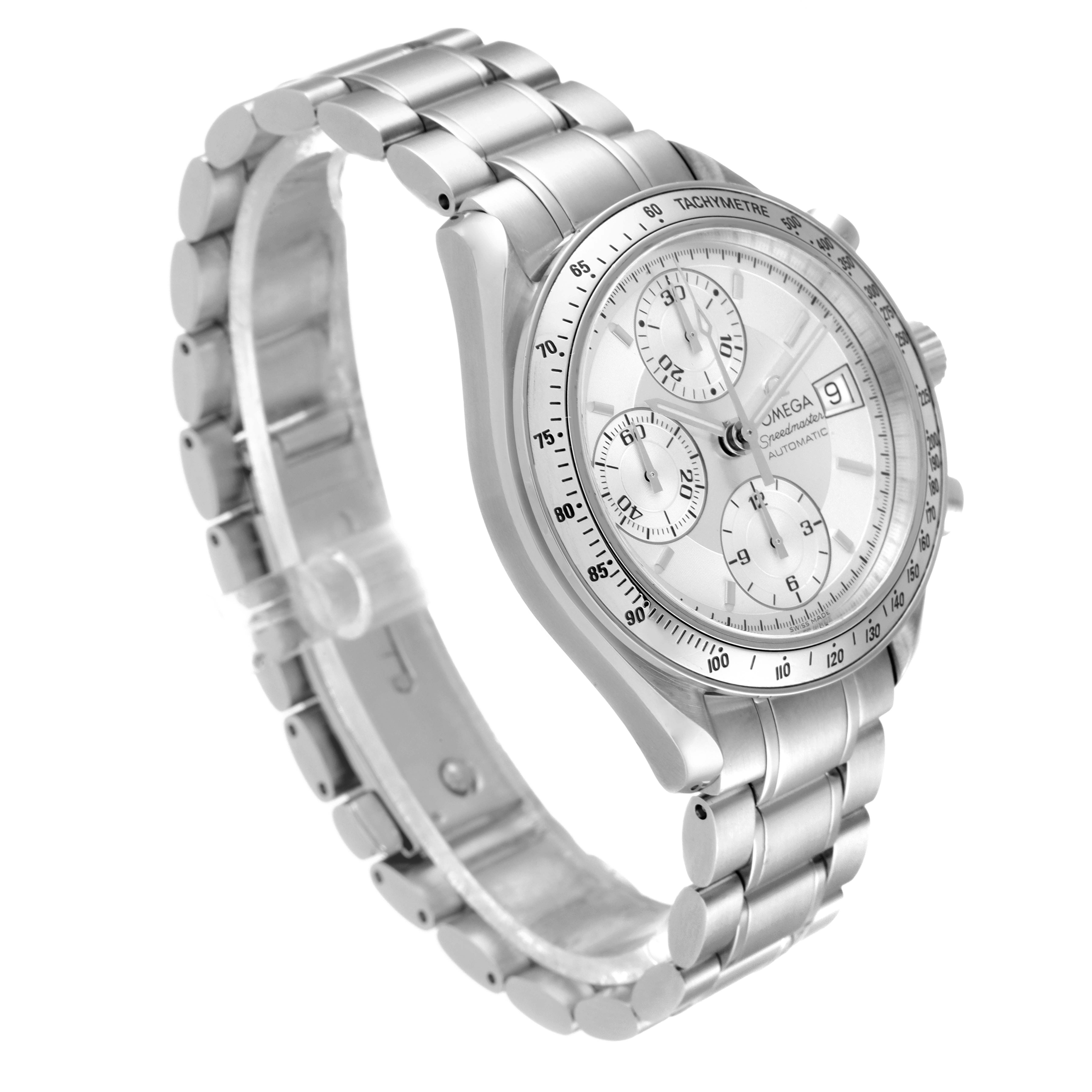 The image shows the Omega Speedmaster 3513.30.00 Men
s Stainless Steel Silver Dial 3513.30.00 Men
s Stainless Steel Silver Dial watch at a three-quarter angle, highlighting the face, bezel, and metal bracelet.