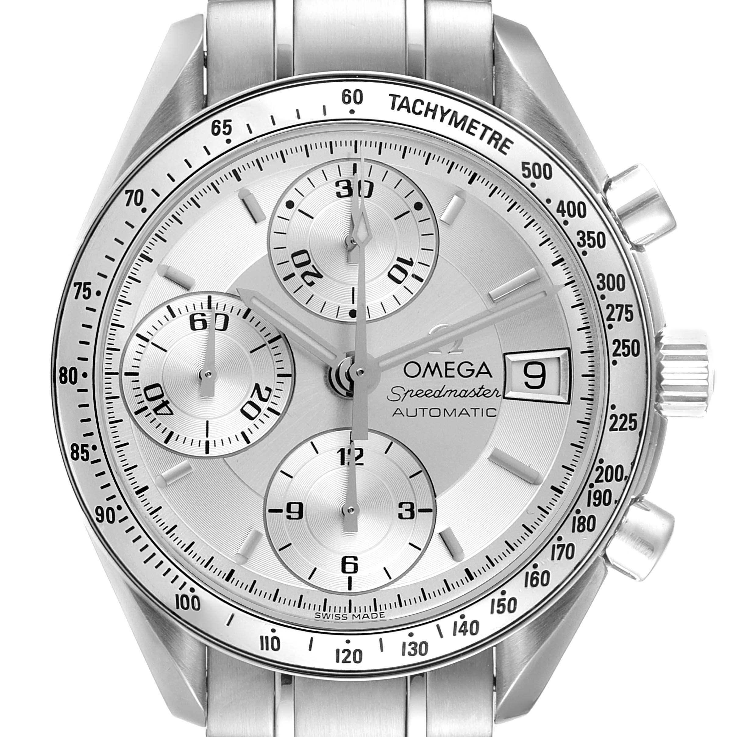 Front view of the Omega Speedmaster 3513.30.00 Men
s Stainless Steel Silver Dial 3513.30.00 Men
s Stainless Steel Silver Dial watch, showing the dial, sub-dials, date, and tachymeter bezel.
