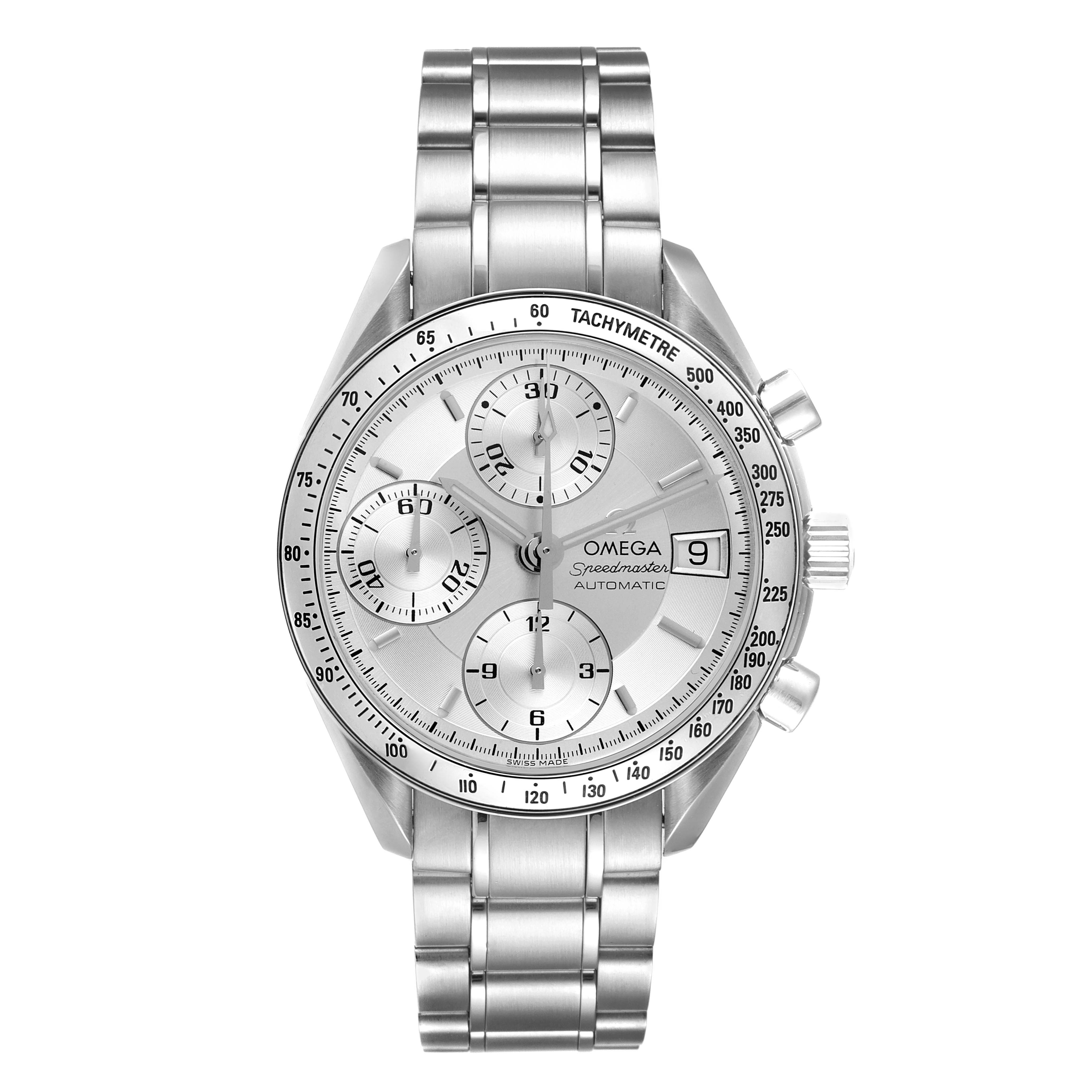 The image shows a front view of the Omega Speedmaster 3513.30.00 Men
s Stainless Steel Silver Dial 3513.30.00 Men
s Stainless Steel Silver Dial watch, highlighting its face, tachymeter bezel, and metal bracelet.