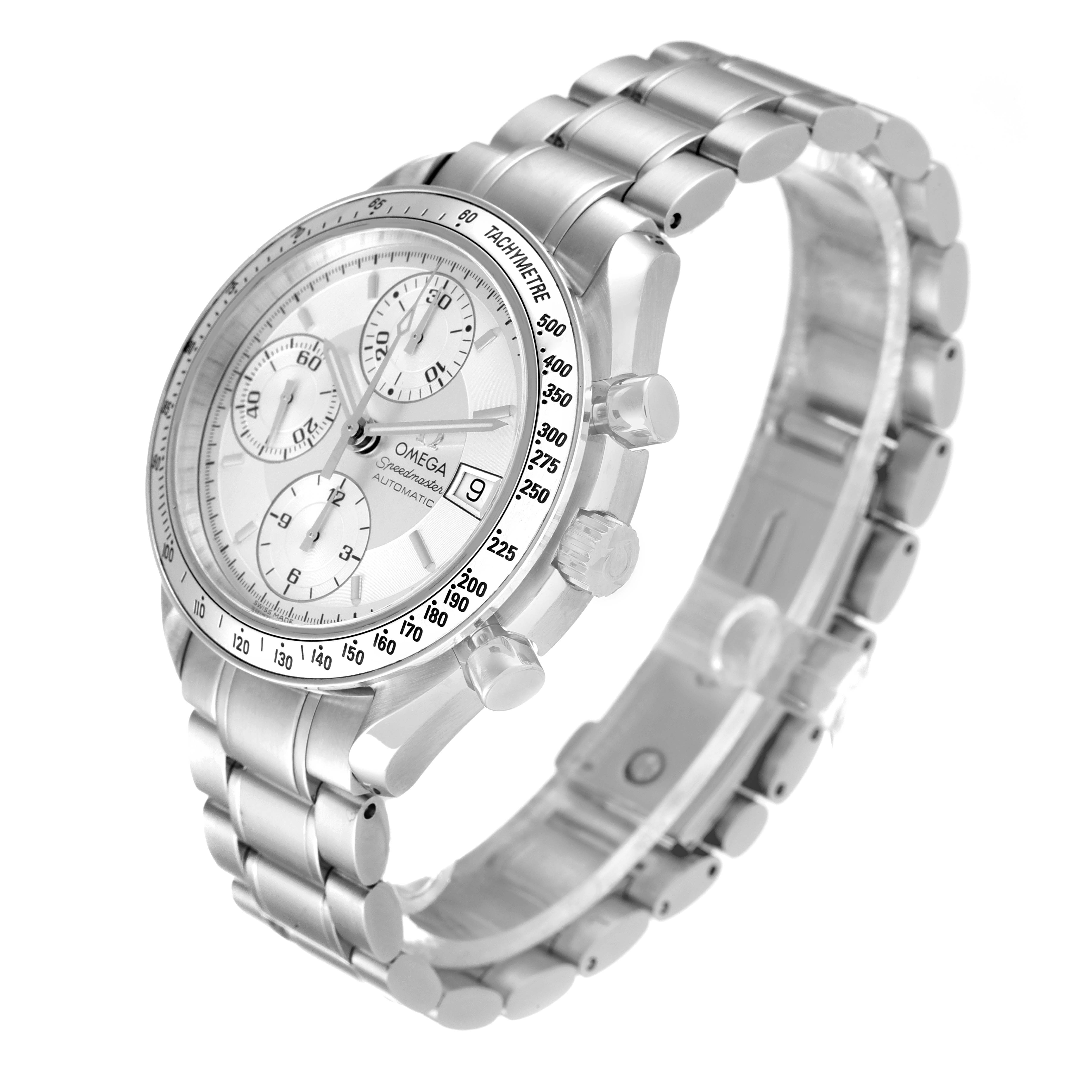 The image shows an Omega Speedmaster 3513.30.00 Men
s Stainless Steel Silver Dial 3513.30.00 Men
s Stainless Steel Silver Dial watch at an oblique angle, highlighting the face, bezel, crown, pushers, and metal bracelet.