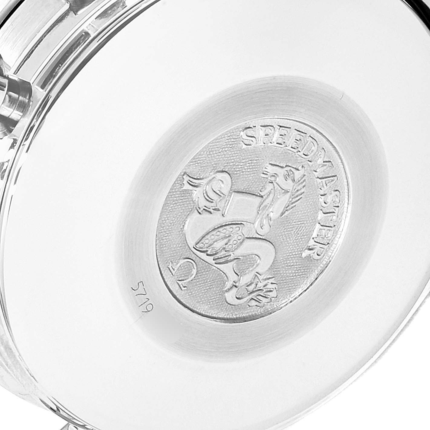 The image shows the case back of the Omega Speedmaster 3513.30.00 Men
s Stainless Steel Silver Dial 3513.30.00 Men
s Stainless Steel Silver Dial watch, highlighting the Speedmaster logo and emblem.
