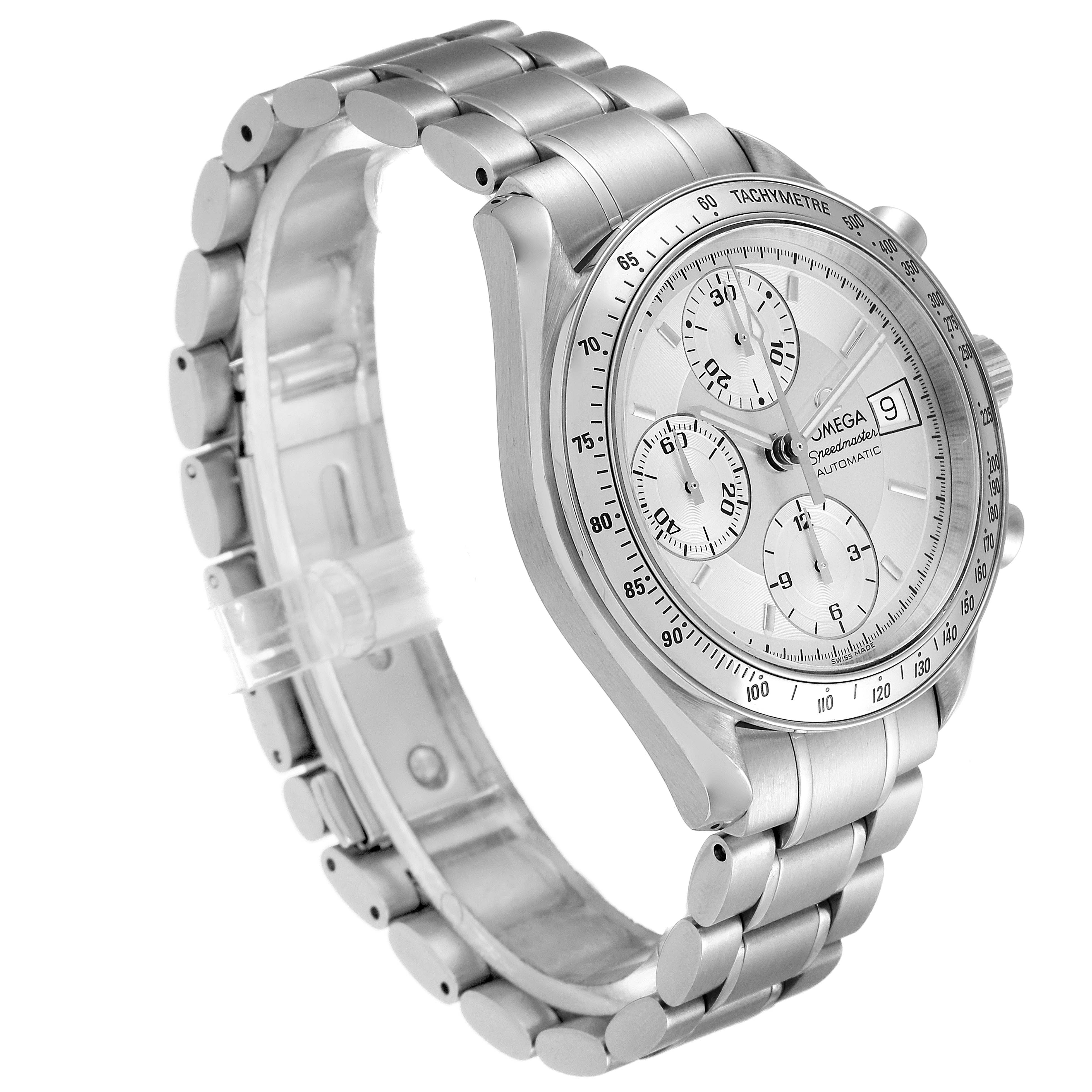 The Omega Speedmaster 3513.30.00 Men
s Stainless Steel Silver Dial 3513.30.00 Men
s Stainless Steel Silver Dial watch is shown from a three-quarter angle, displaying the face, bracelet, and side push-buttons.