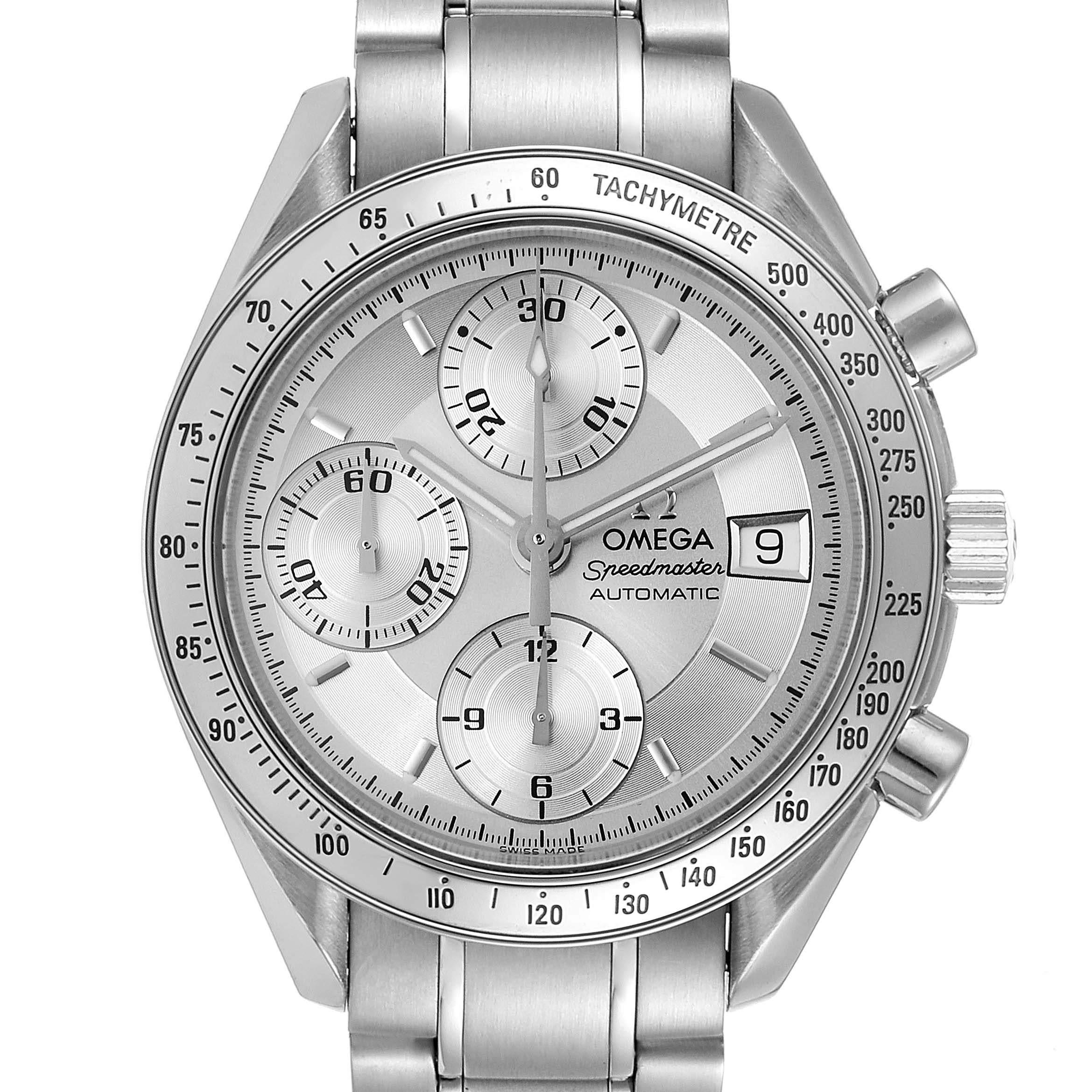This image shows a front view of an Omega Speedmaster 3513.30.00 Men
s Stainless Steel Silver Dial 3513.30.00 Men
s Stainless Steel Silver Dial watch, highlighting the dial, bezel, and metal bracelet.
