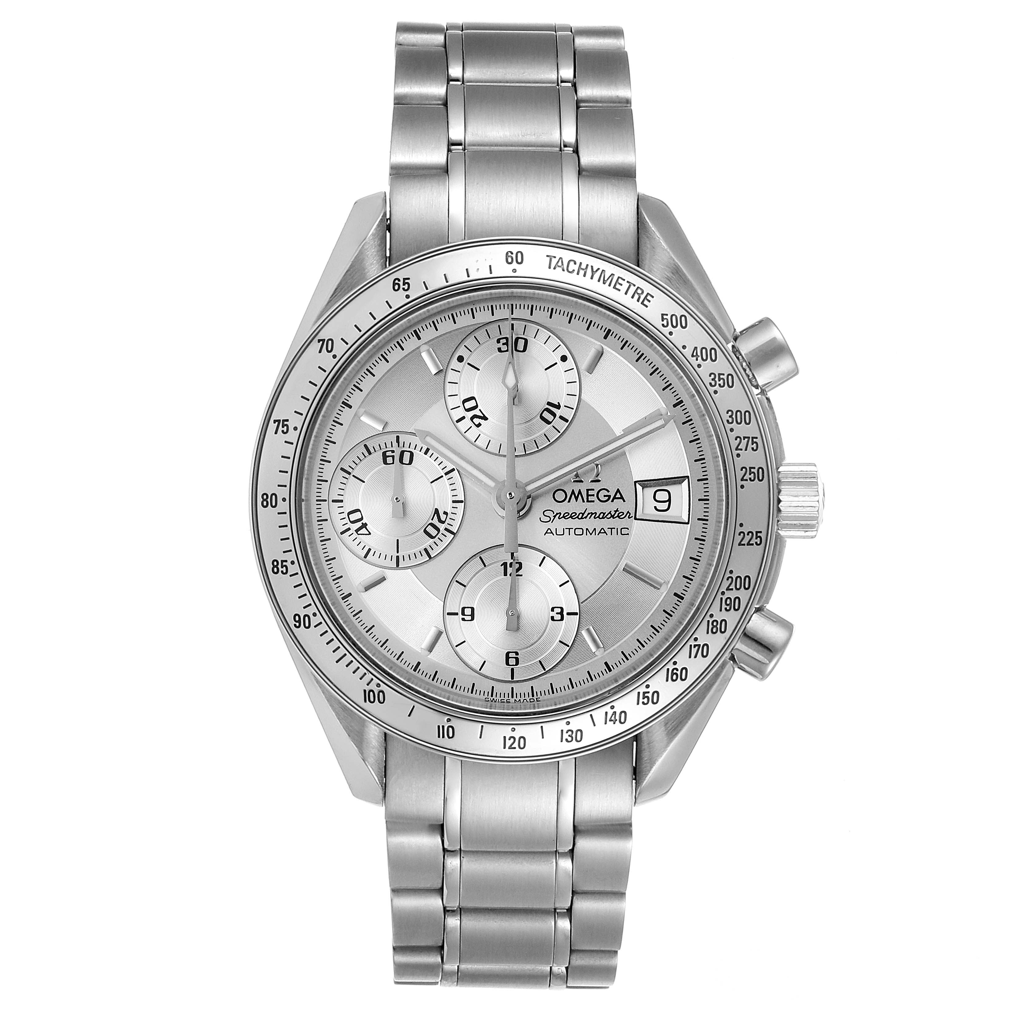 The Omega Speedmaster 3513.30.00 Men
s Stainless Steel Silver Dial 3513.30.00 Men
s Stainless Steel Silver Dial watch is shown from a frontal view displaying its face, chronograph dials, and metal bracelet.