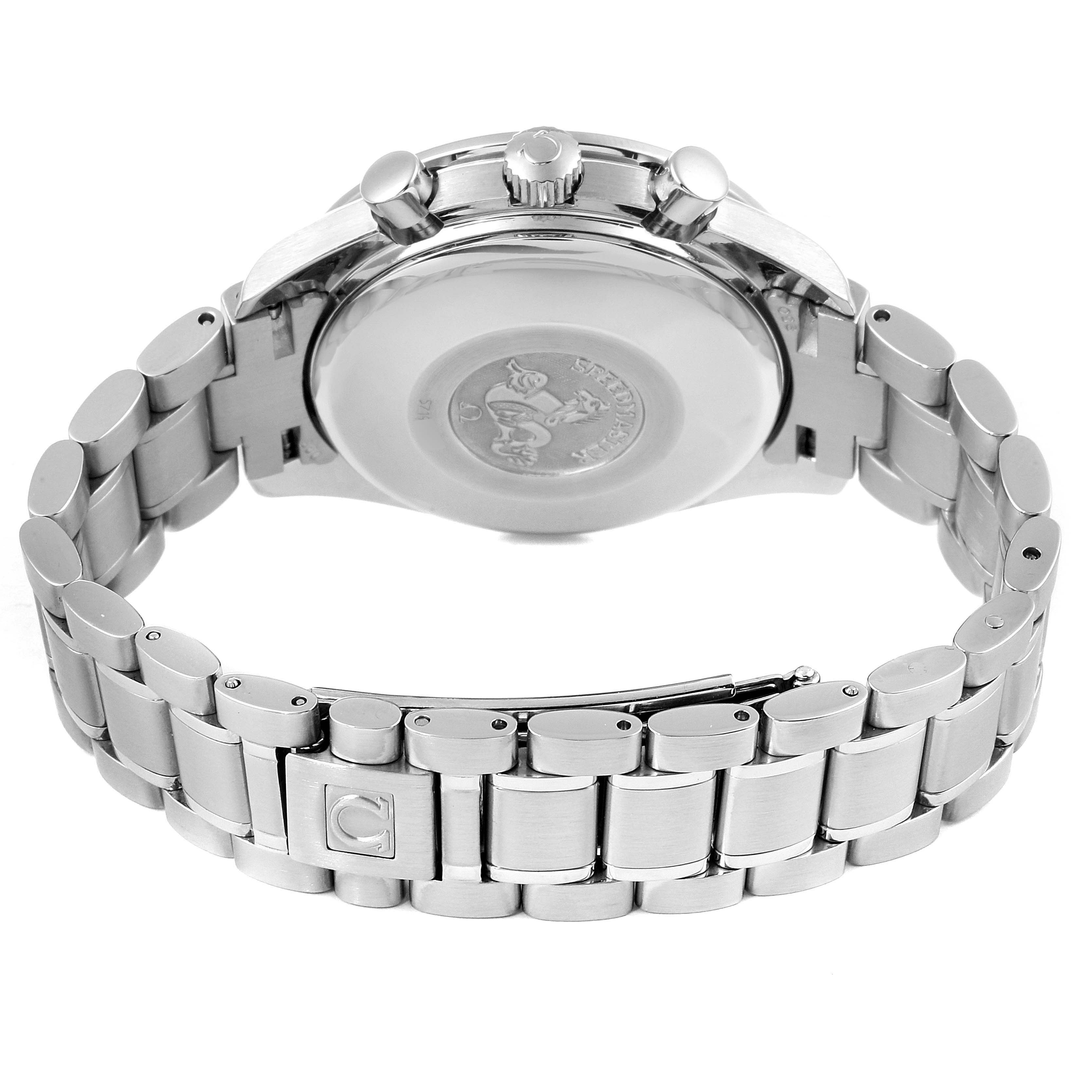 The image shows the back view of an Omega Speedmaster 3513.30.00 Men
s Stainless Steel Silver Dial 3513.30.00 Men
s Stainless Steel Silver Dial, highlighting its case back and metal bracelet.