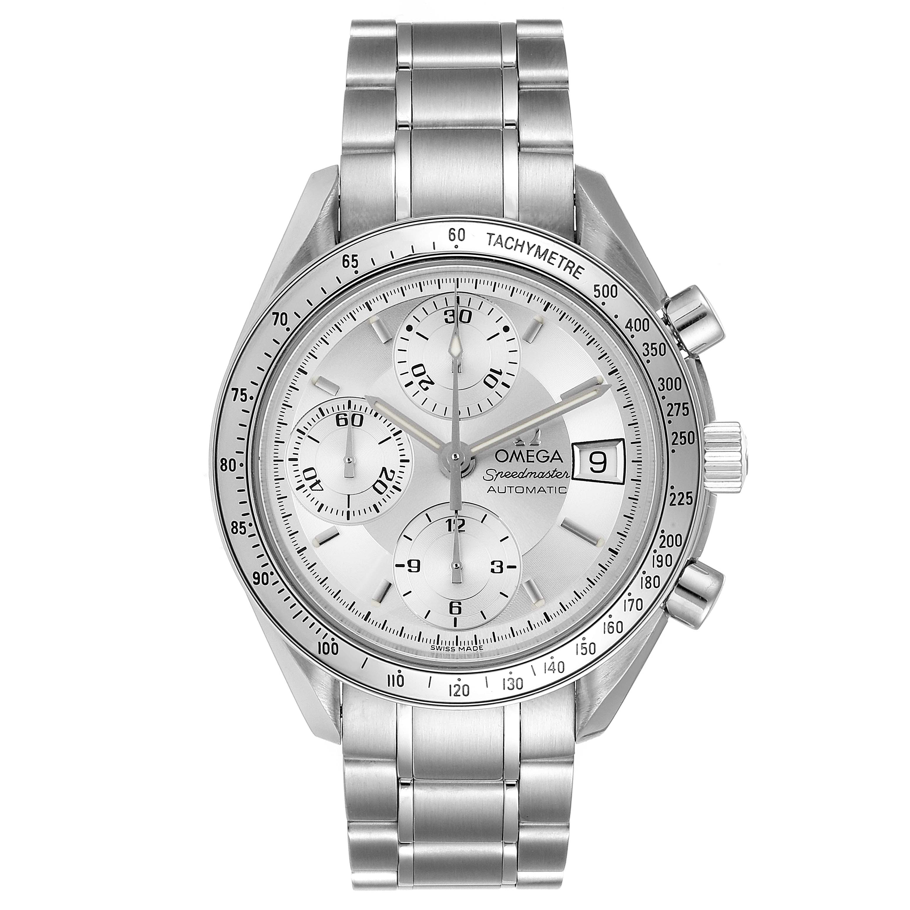 The image showcases a frontal view of an Omega Speedmaster 3513.30.00 Men
s Stainless Steel Silver Dial 3513.30.00 Men
s Stainless Steel Silver Dial watch, highlighting its dial, chronograph subdials, and metal bracelet.