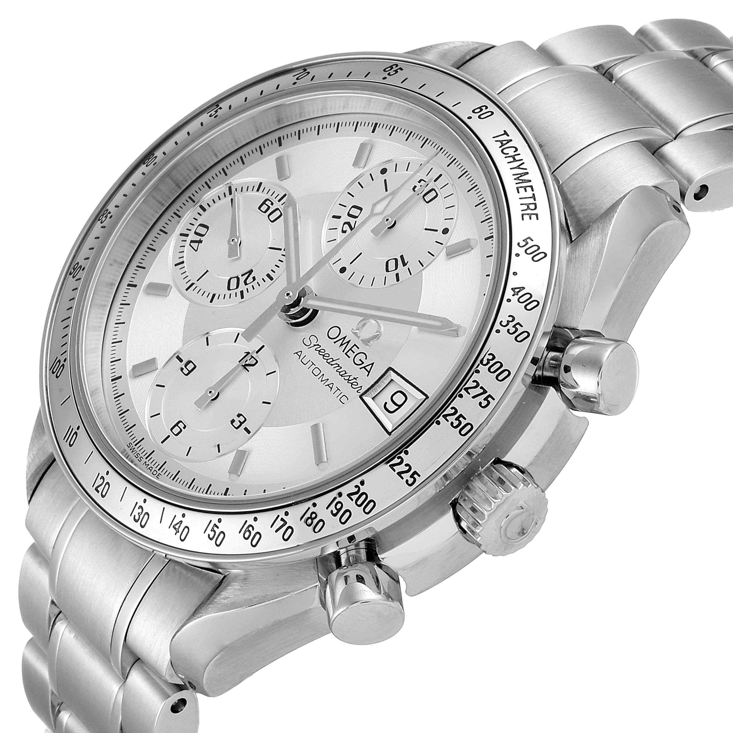 The image shows an angled close-up of an Omega Speedmaster 3513.30.00 Men
s Stainless Steel Silver Dial 3513.30.00 Men
s Stainless Steel Silver Dial watch, highlighting its chronograph dials, date window, and tachymeter bezel.