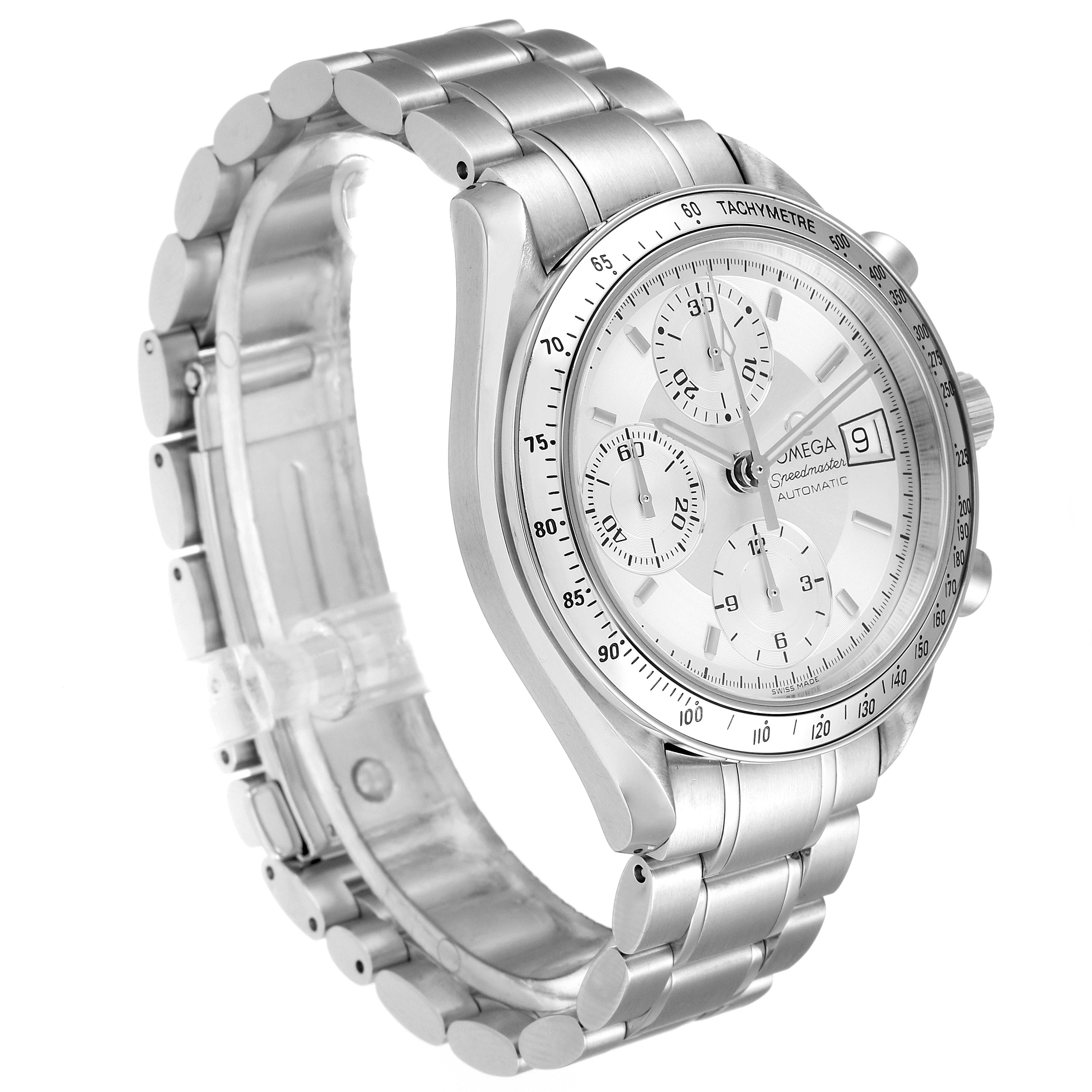 This image shows an Omega Speedmaster 3513.30.00 Men
s Stainless Steel Silver Dial 3513.30.00 Men
s Stainless Steel Silver Dial watch from a slightly angled side view, highlighting the dial, bracelet, and tachymetre bezel.
