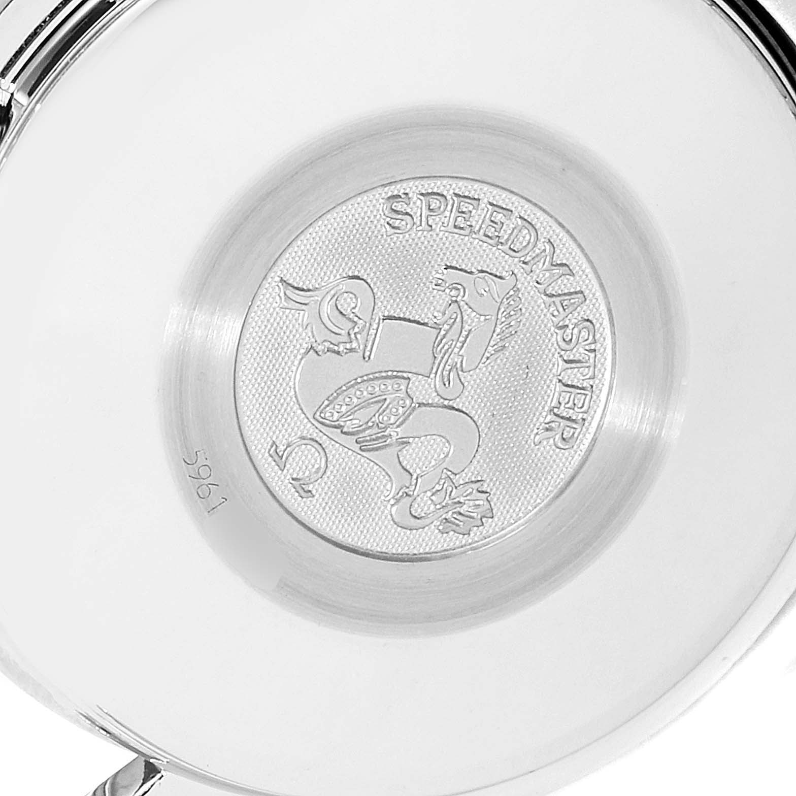 The image shows the backside of the Omega Speedmaster 3513.30.00 Men
s Stainless Steel Silver Dial 3513.30.00 Men
s Stainless Steel Silver Dial watch, highlighting its branded engraving and serial number.