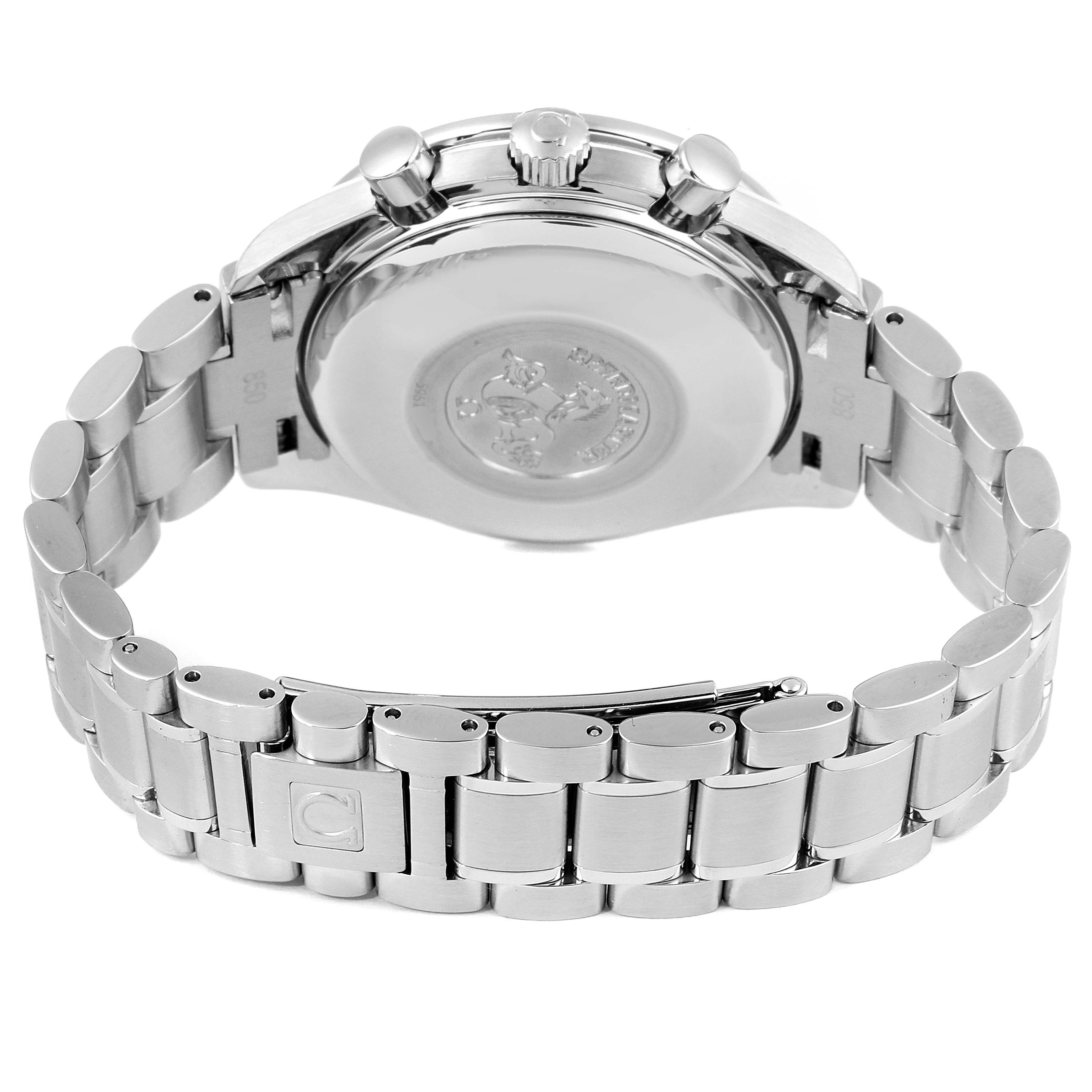 The image shows the back case and bracelet of an Omega Speedmaster 3513.30.00 Men
s Stainless Steel Silver Dial 3513.30.00 Men
s Stainless Steel Silver Dial watch at an angle that highlights the clasp and crown.