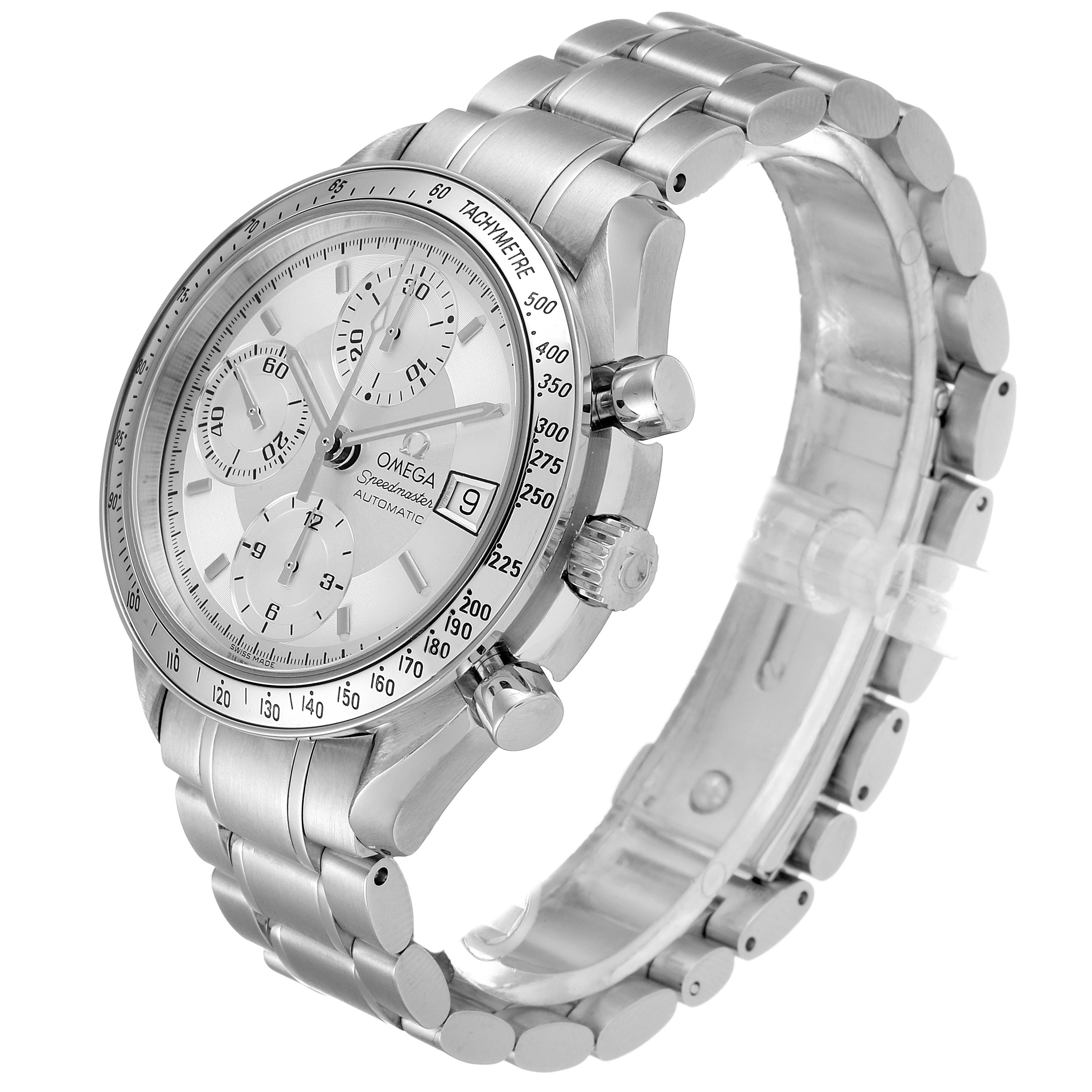 The image shows a side-angle view of the Omega Speedmaster 3513.30.00 Men
s Stainless Steel Silver Dial 3513.30.00 Men
s Stainless Steel Silver Dial watch, highlighting its face, bezel, crown, pushers, and stainless steel bracelet.