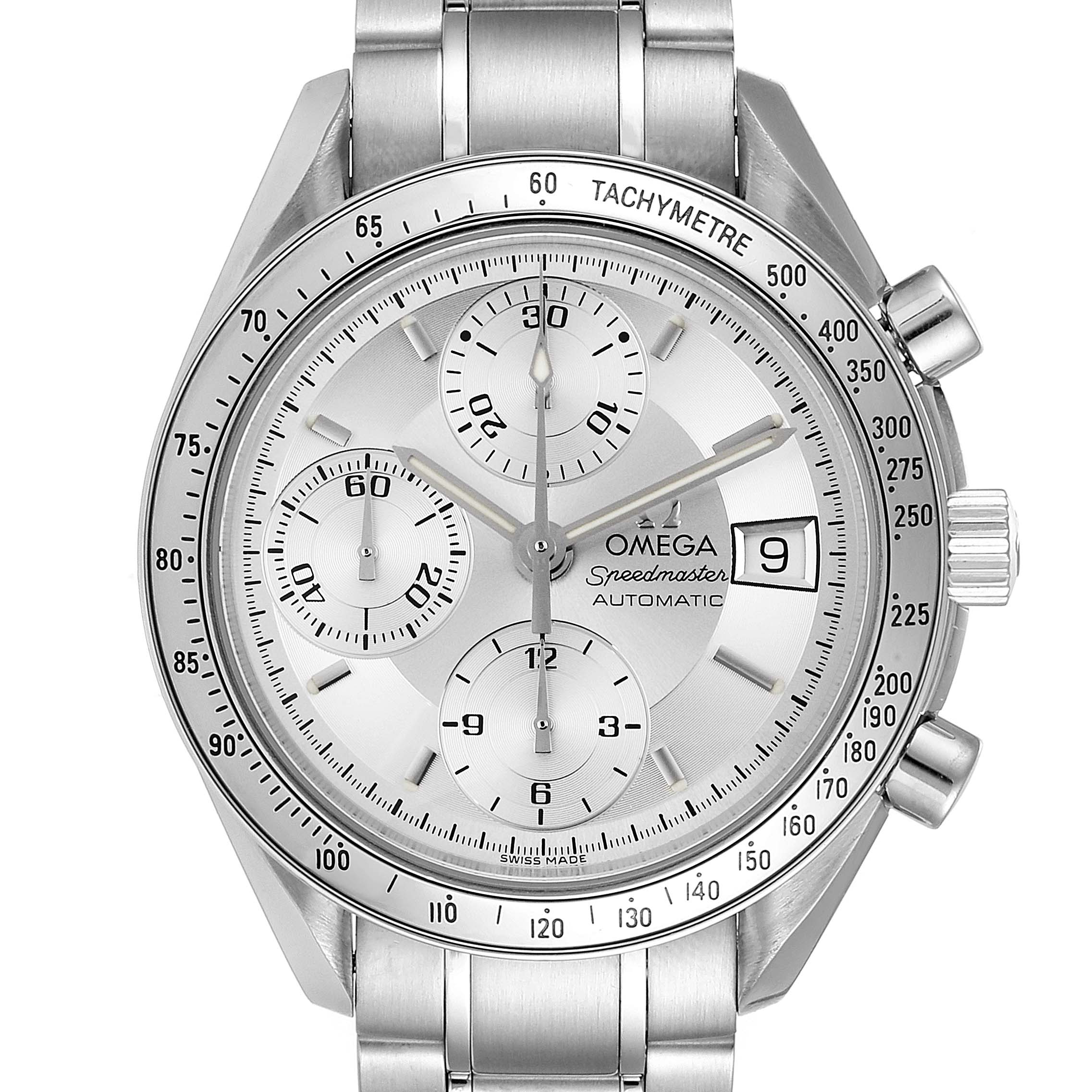 This is a head-on view of the Omega Speedmaster 3513.30.00 Men
s Stainless Steel Silver Dial 3513.30.00 Men
s Stainless Steel Silver Dial watch, showing its face, subdials, tachymeter bezel, and part of the stainless steel bracelet.
