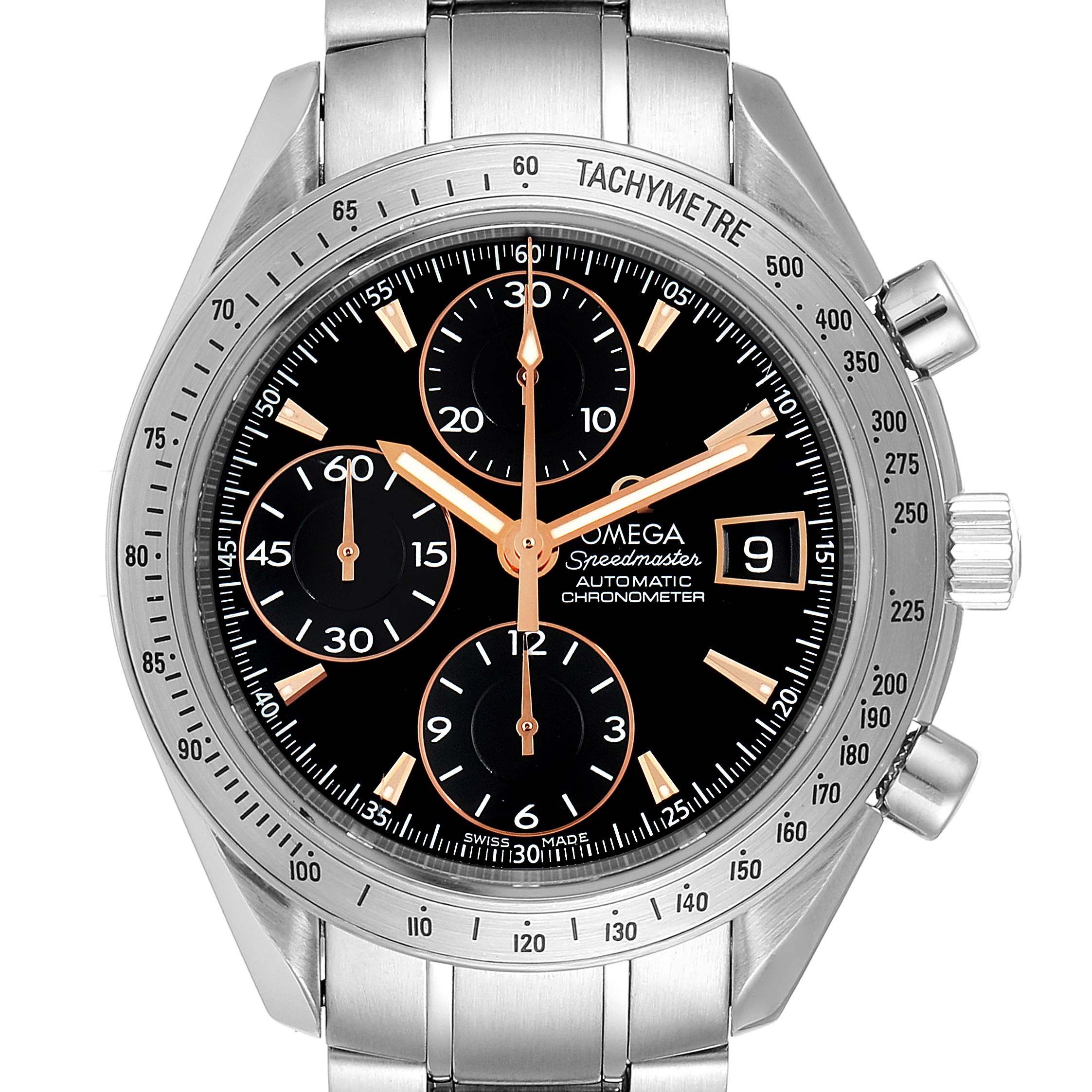 Front view of the Omega Speedmaster 3211.50.00 Men
s Stainless Steel Black Dial 3211.50.00 Men
s Stainless Steel Black Dial watch displaying the dial, hands, subdials, and tachymeter bezel.