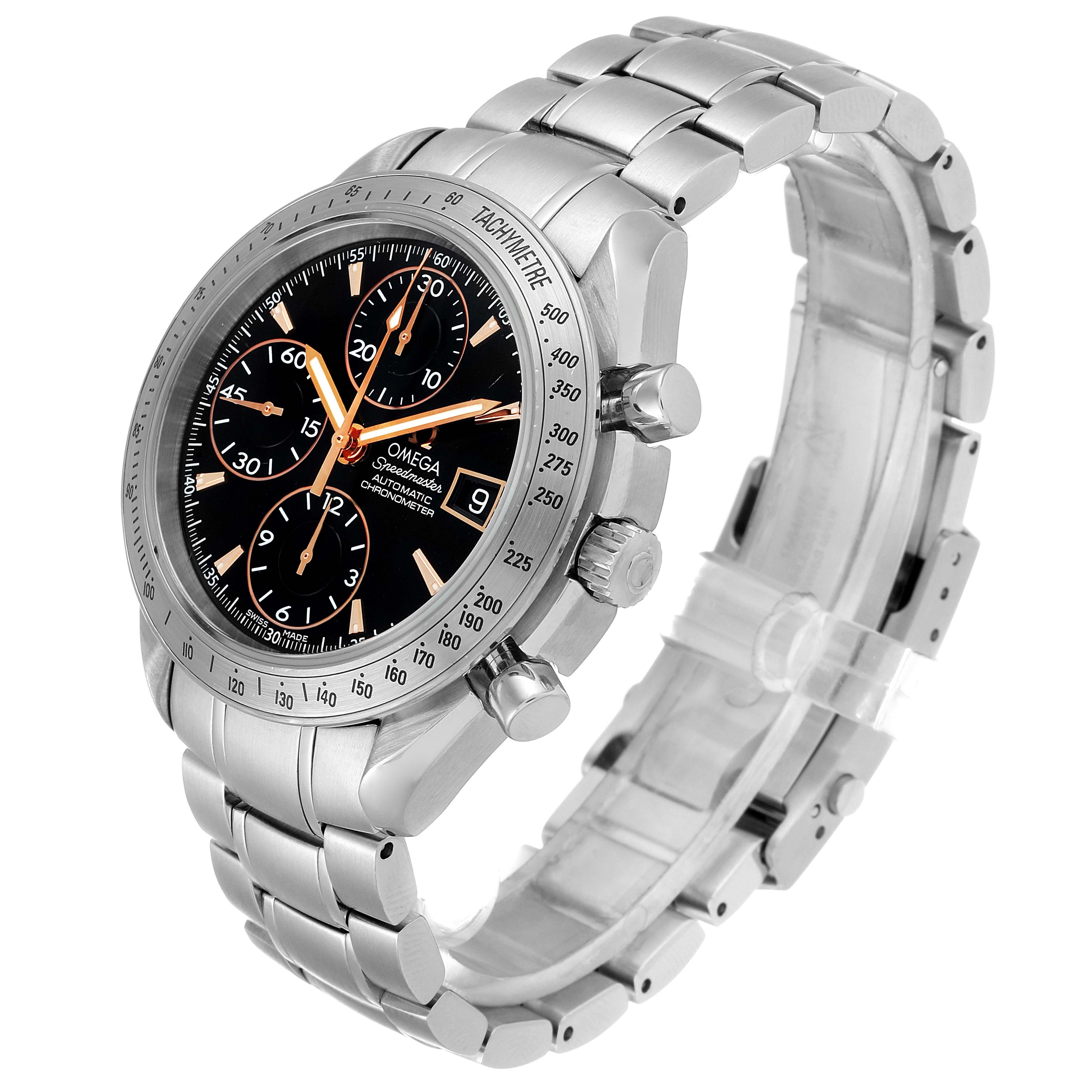 The image shows a three-quarter view of an Omega Speedmaster 3211.50.00 Men
s Stainless Steel Black Dial 3211.50.00 Men
s Stainless Steel Black Dial watch displaying its band, face, and side buttons.