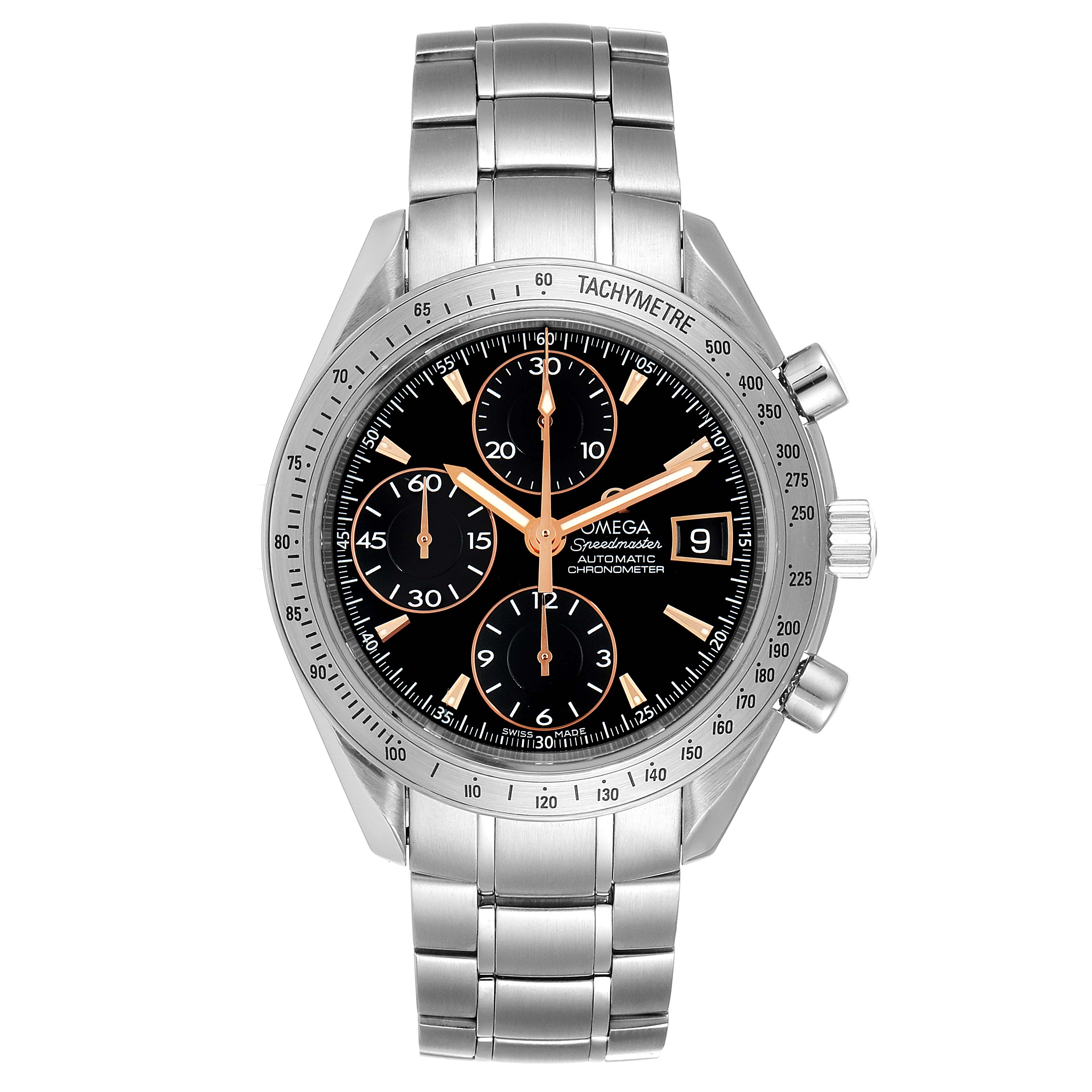 The image shows a front angle of an Omega Speedmaster 3211.50.00 Men
s Stainless Steel Black Dial 3211.50.00 Men
s Stainless Steel Black Dial watch, highlighting the dial, subdials, bezel, and stainless steel bracelet.