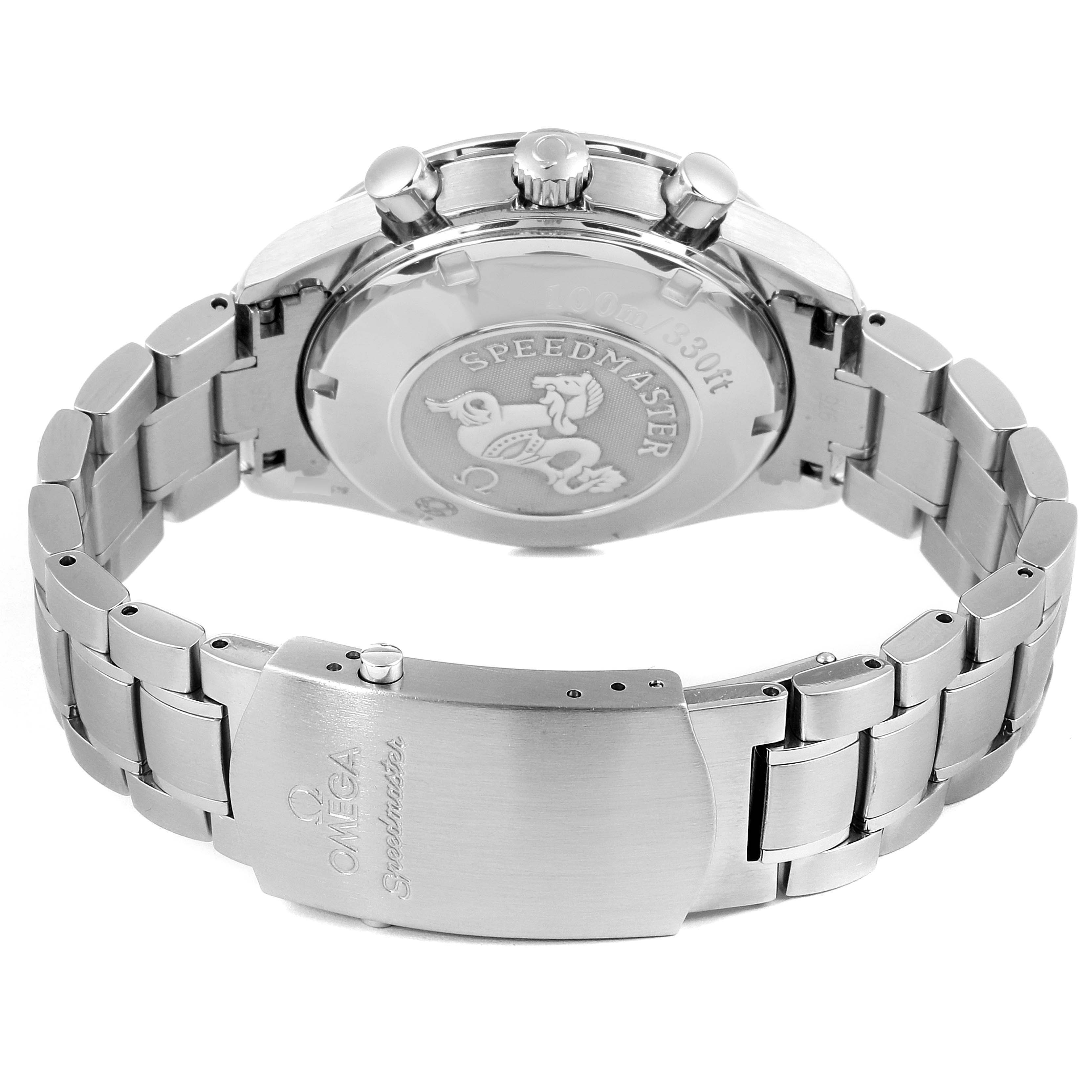 The image shows the back case and bracelet of the Omega Speedmaster 3211.50.00 Men
s Stainless Steel Black Dial 3211.50.00 Men
s Stainless Steel Black Dial watch at an angled view.