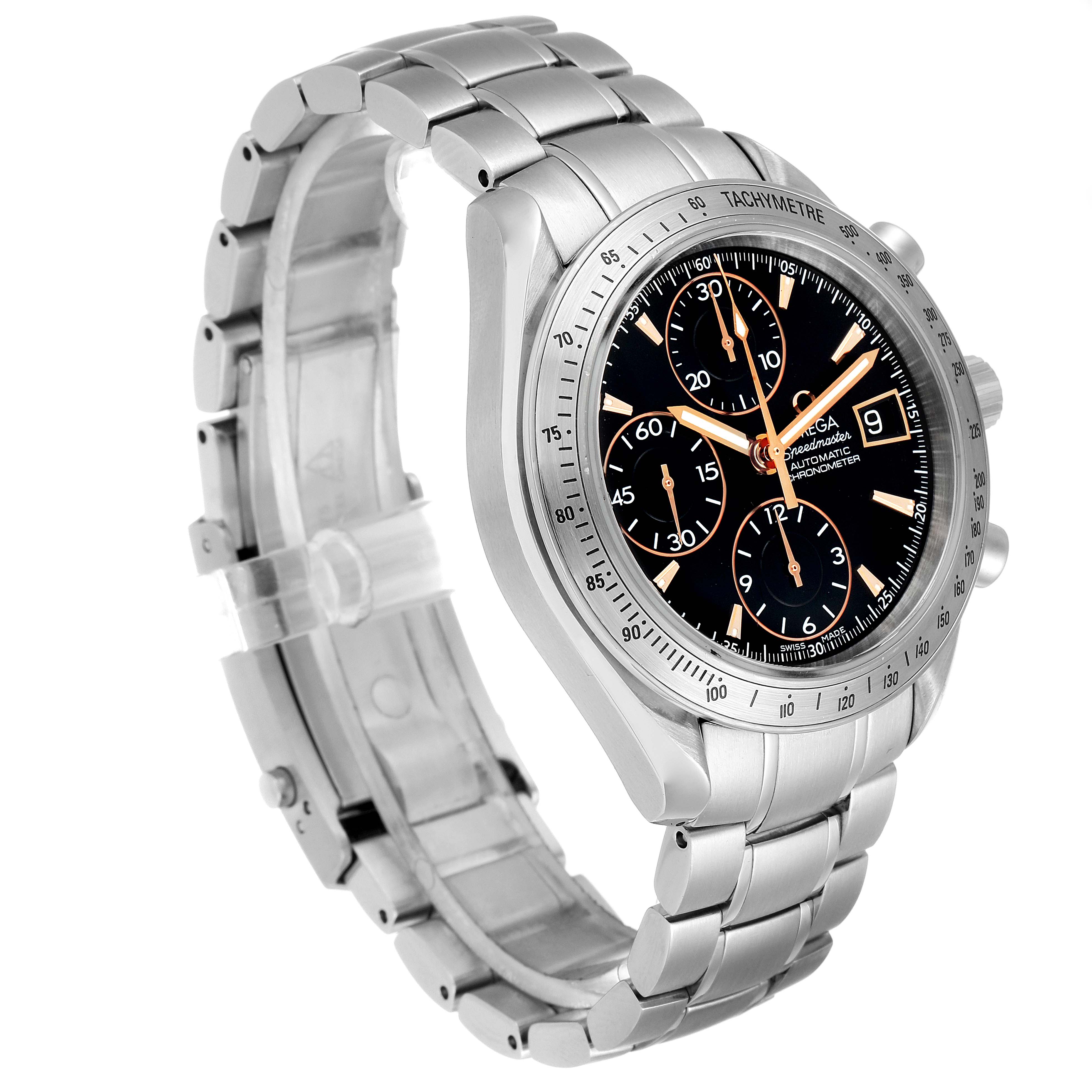 The Omega Speedmaster 3211.50.00 Men
s Stainless Steel Black Dial 3211.50.00 Men
s Stainless Steel Black Dial watch is shown at a three-quarter angle, displaying its metal bracelet, tachymeter bezel, and chronograph dials.