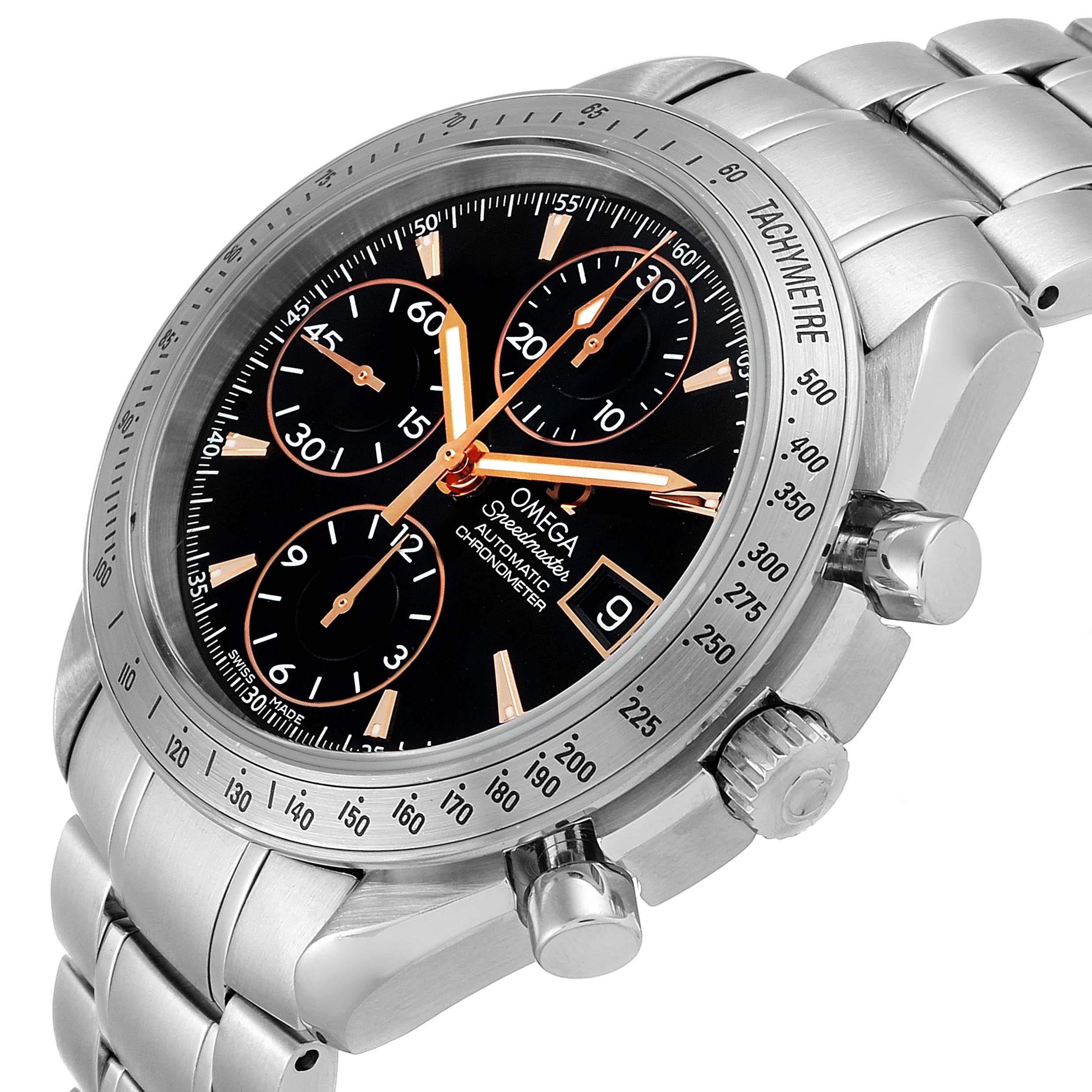 The Omega Speedmaster 3211.50.00 Men
s Stainless Steel Black Dial 3211.50.00 Men
s Stainless Steel Black Dial watch is shown at a slight angle, highlighting the dial, pushers, crown, and part of the metal bracelet.