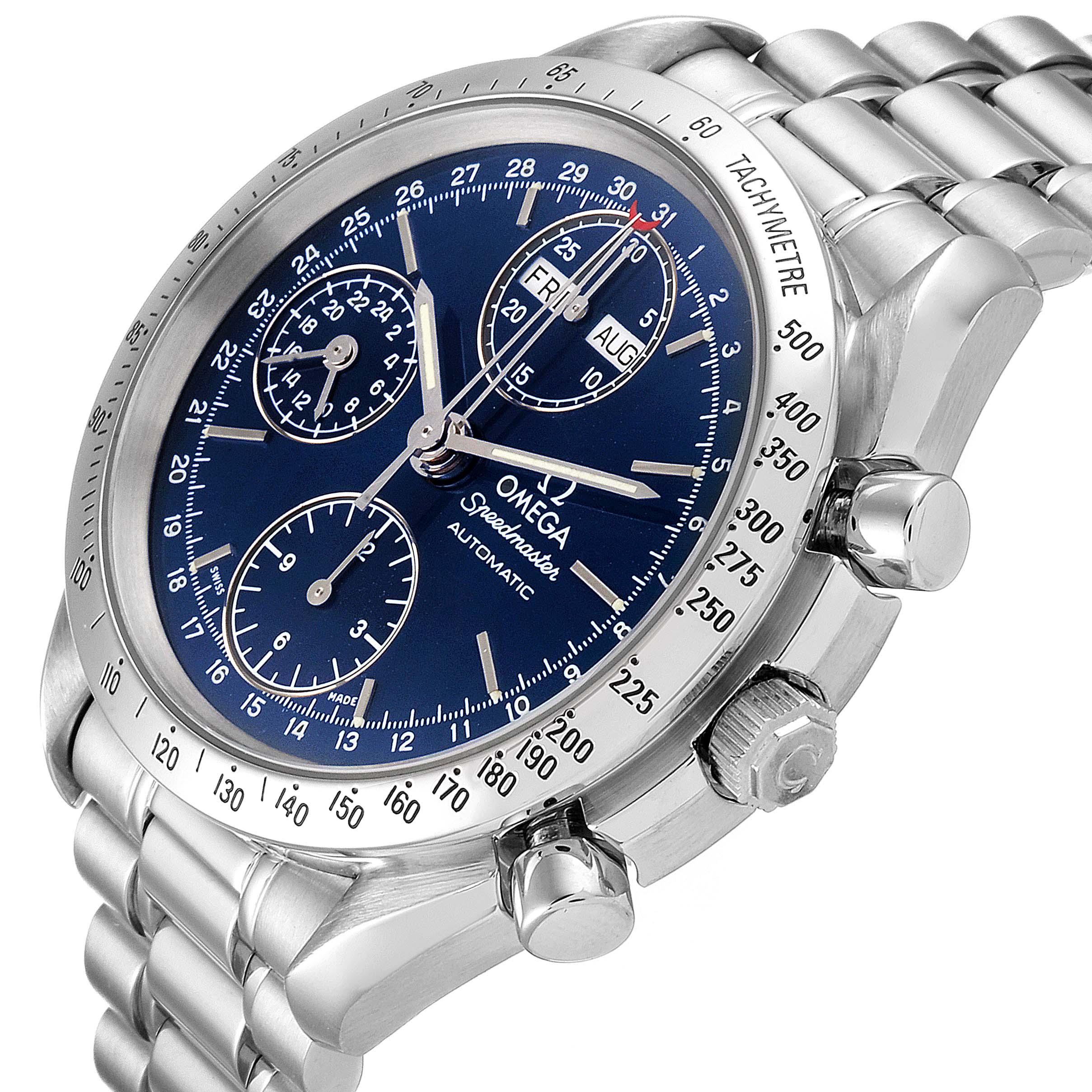 The image shows a close-up side angle of the Omega Speedmaster 3521.80.00 Men
s Stainless Steel Blue Dial 3521.80.00 Men
s Stainless Steel Blue Dial watch, highlighting its blue dial, chronograph sub-dials, and stainless steel bracelet.