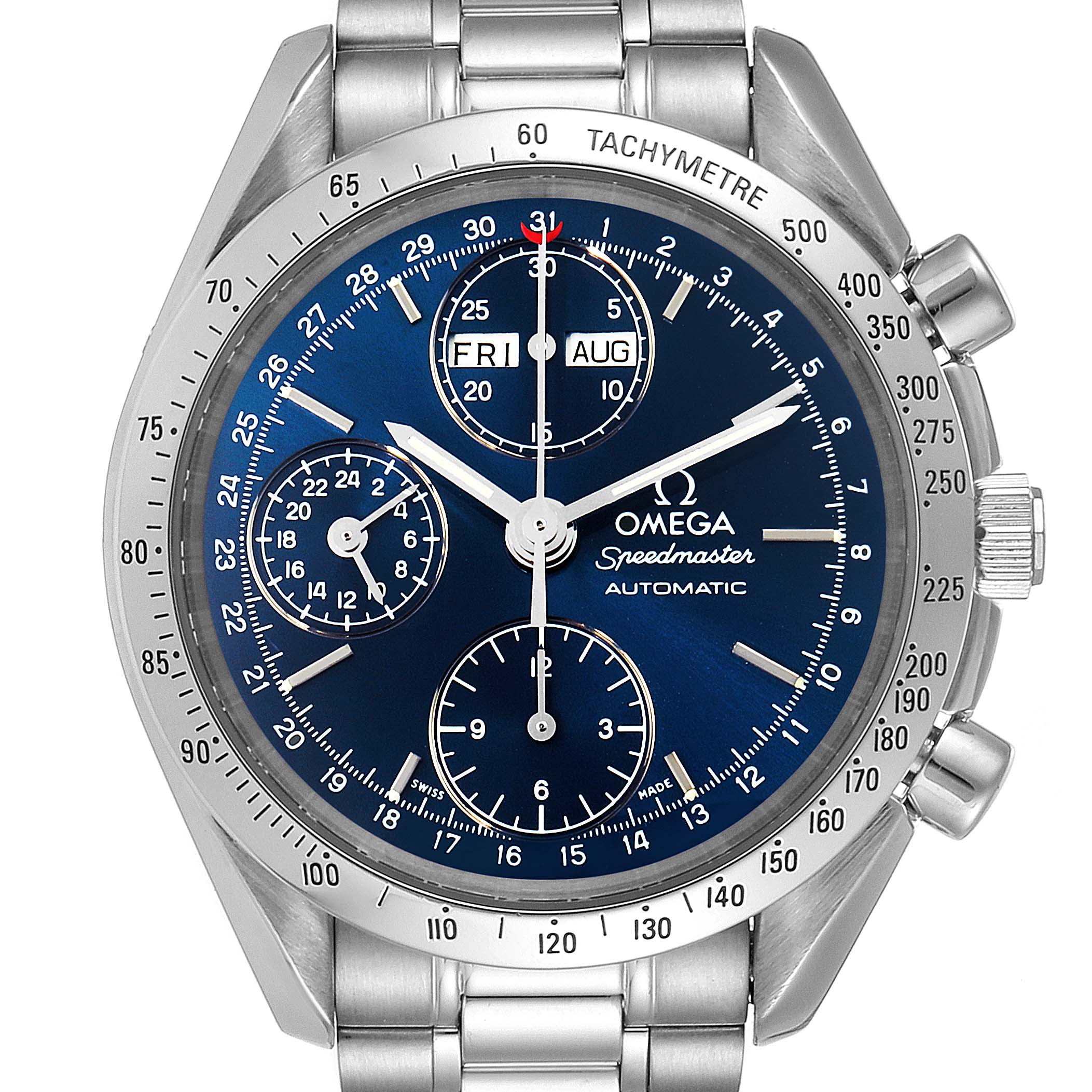 The image shows a front view of an Omega Speedmaster 3521.80.00 Men
s Stainless Steel Blue Dial 3521.80.00 Men
s Stainless Steel Blue Dial watch, highlighting its dial, tachymeter bezel, and chronograph subdials.