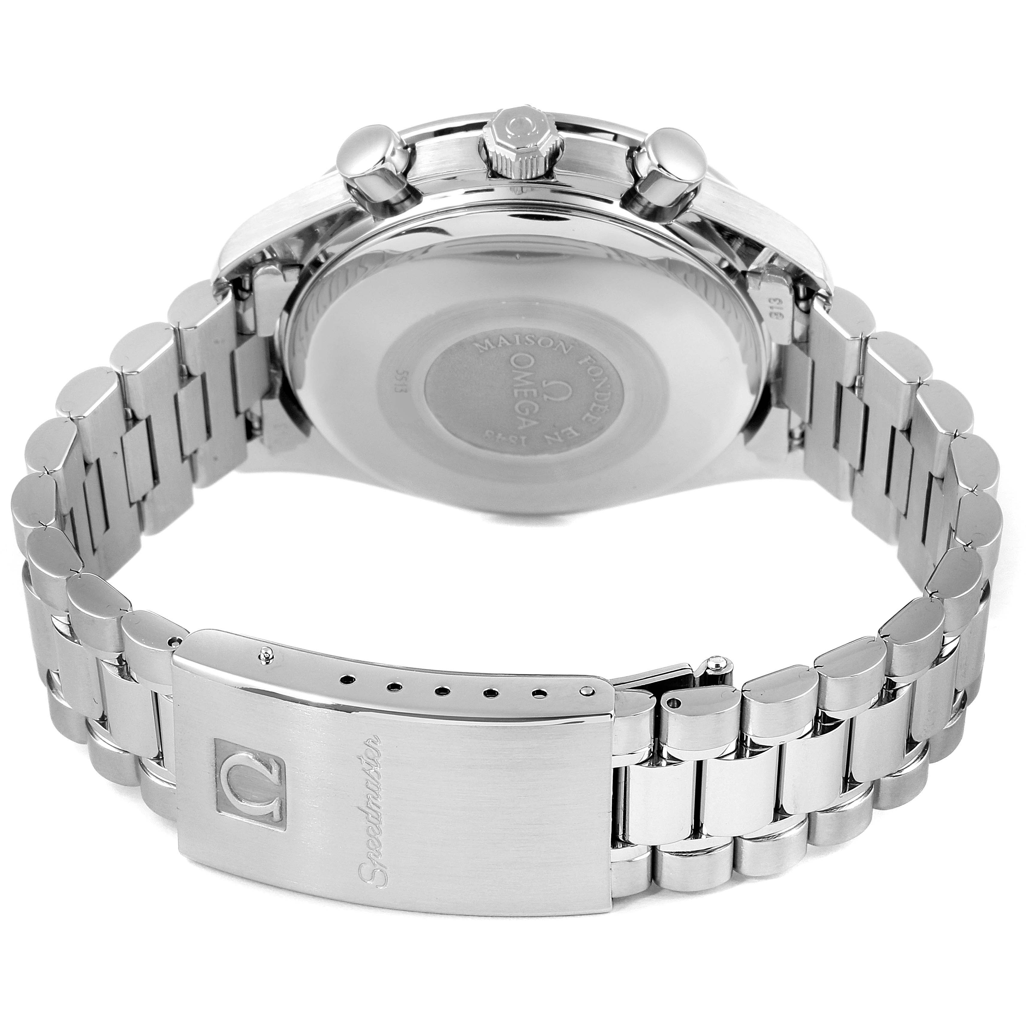 The image shows the back case and bracelet clasp of an Omega Speedmaster 3521.80.00 Men
s Stainless Steel Blue Dial 3521.80.00 Men
s Stainless Steel Blue Dial watch, viewed from the rear.