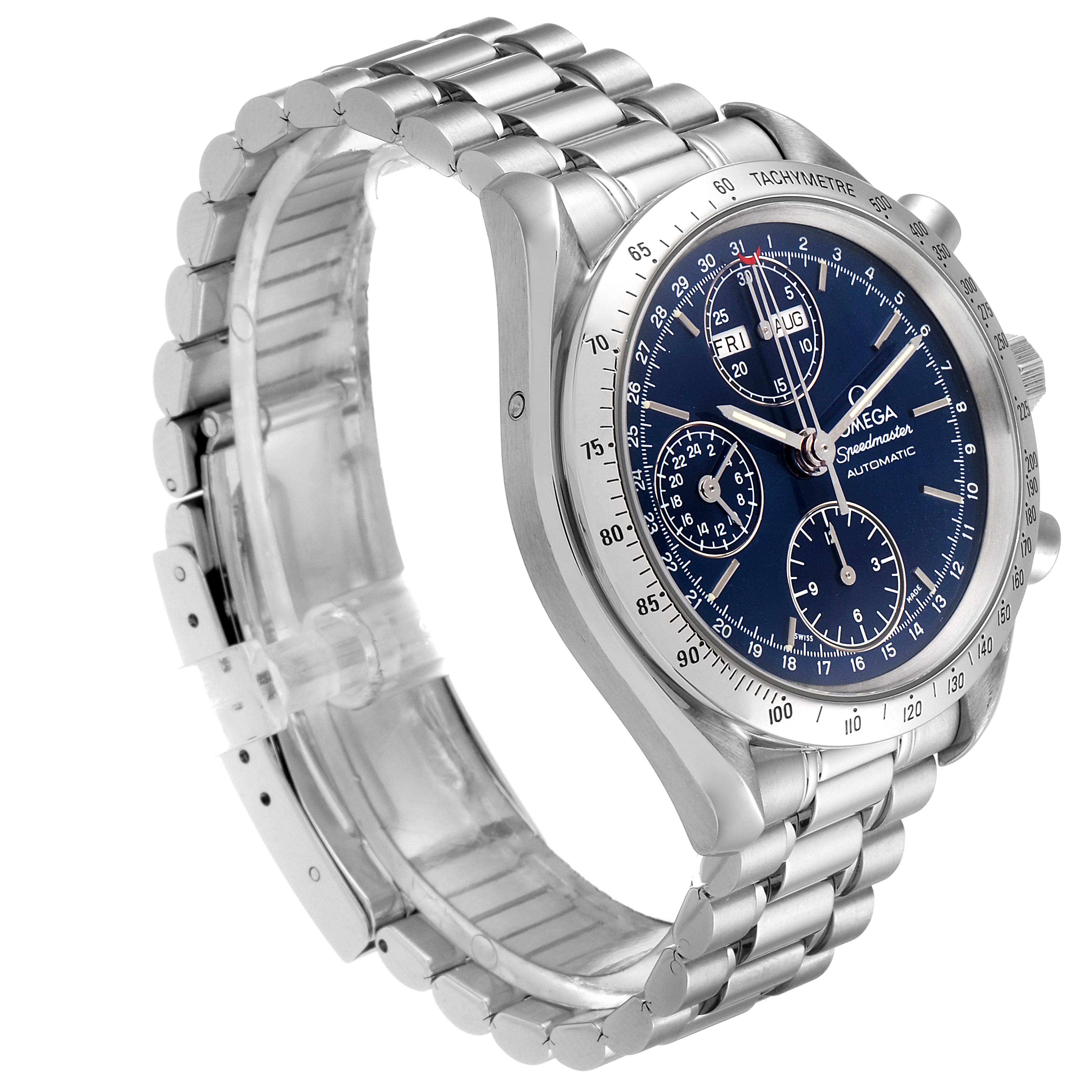 The image shows an Omega Speedmaster 3521.80.00 Men
s Stainless Steel Blue Dial 3521.80.00 Men
s Stainless Steel Blue Dial watch at a slight angle, displaying its face, dial, and stainless steel bracelet.