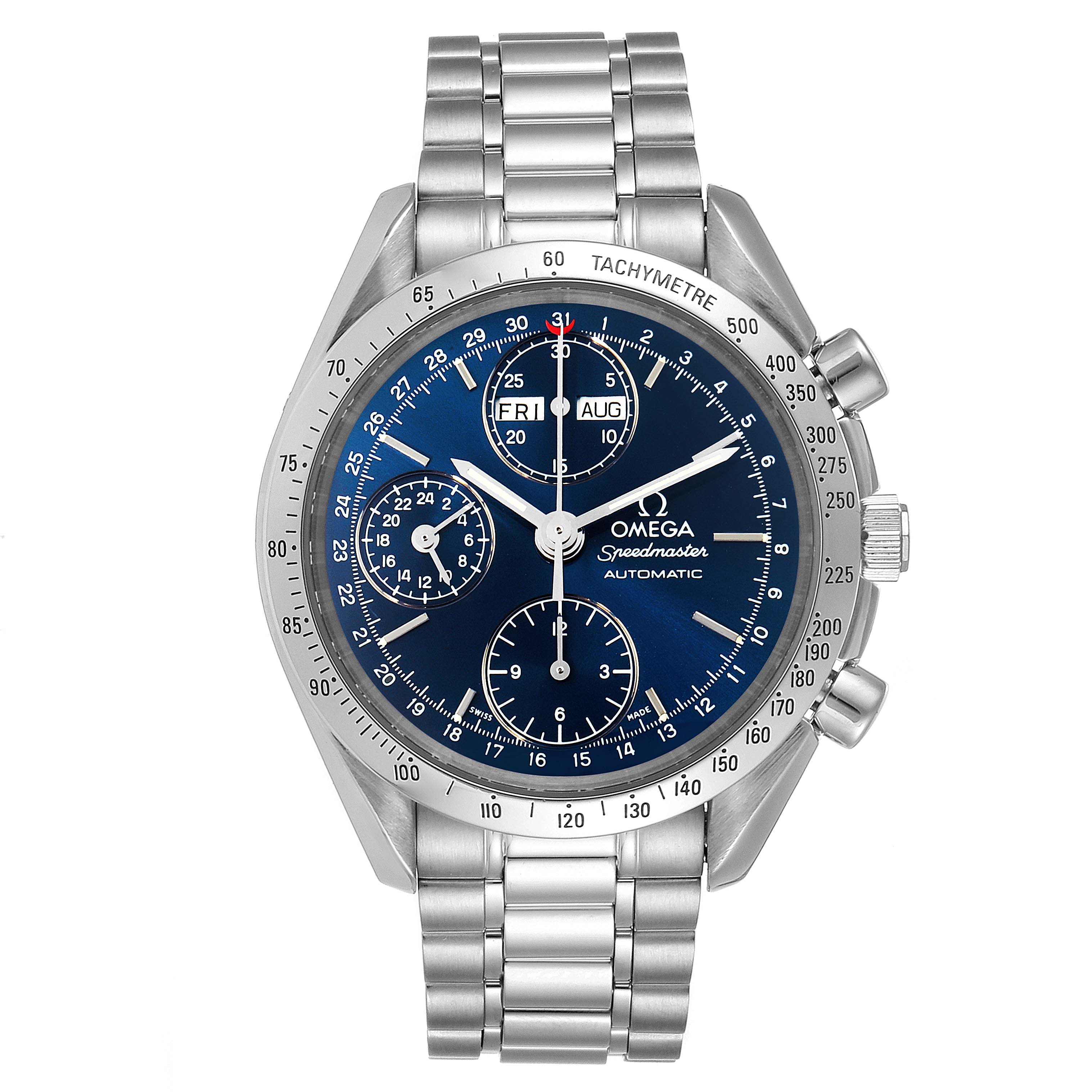 The Omega Speedmaster 3521.80.00 Men
s Stainless Steel Blue Dial 3521.80.00 Men
s Stainless Steel Blue Dial watch is shown from a front angle, displaying its blue dial, tachymeter bezel, and metal bracelet.