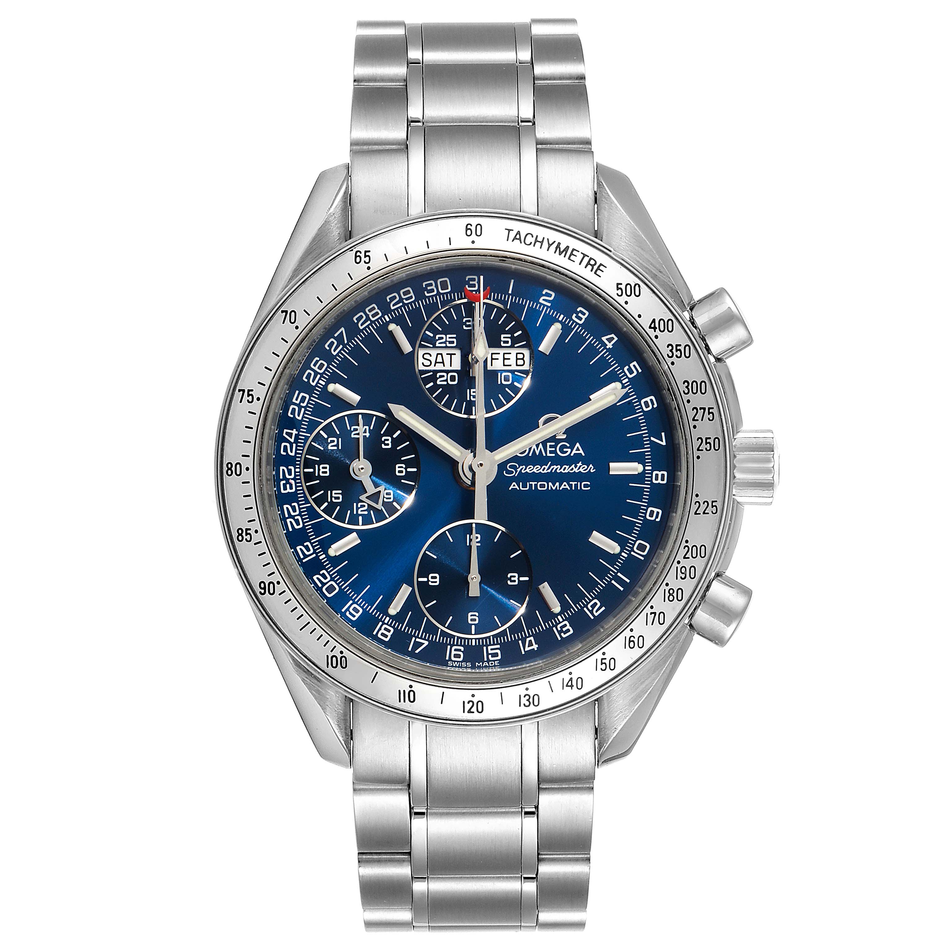 The image shows a front view of an Omega Speedmaster 3523.80.00 Men
s Stainless Steel Blue Dial 3523.80.00 Men
s Stainless Steel Blue Dial wristwatch with a blue dial and stainless steel bracelet.