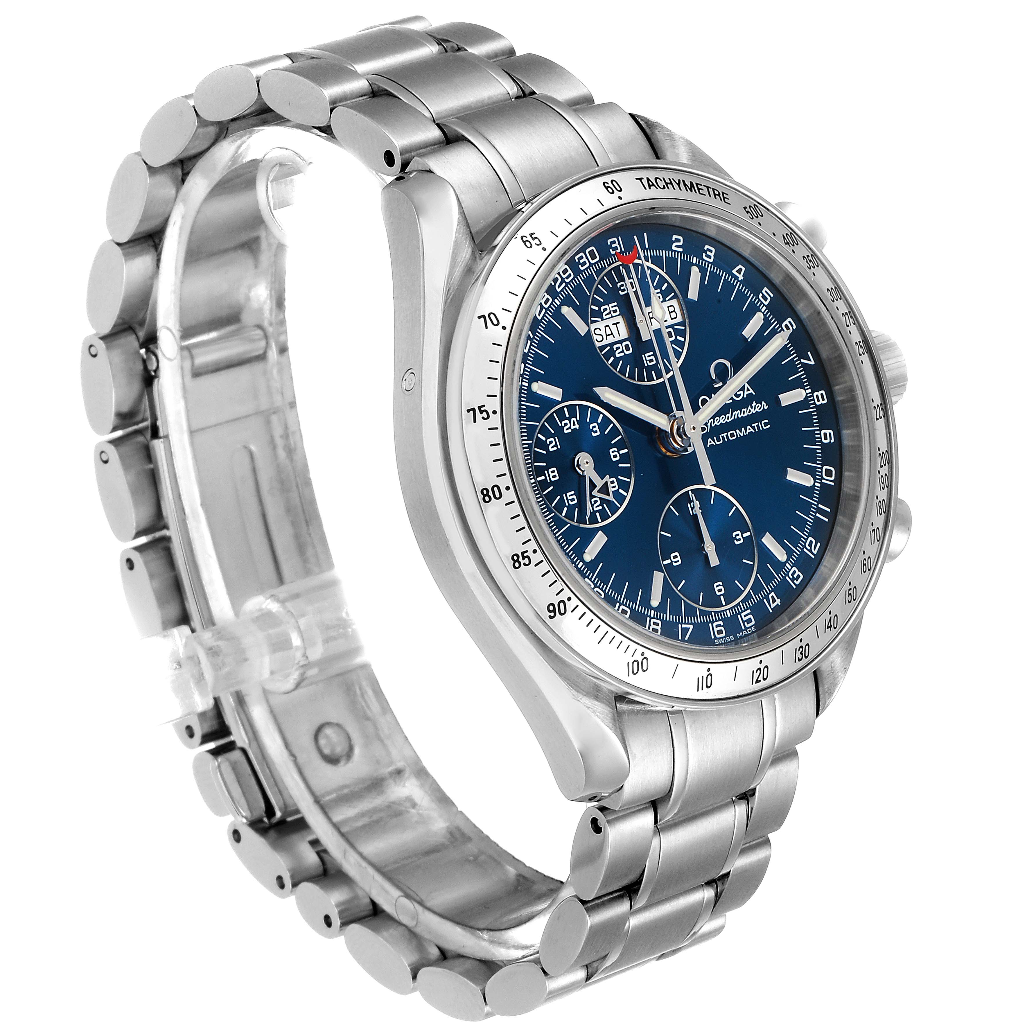 This image shows a side view of the Omega Speedmaster 3523.80.00 Men
s Stainless Steel Blue Dial 3523.80.00 Men
s Stainless Steel Blue Dial watch focusing on its stainless steel case, blue dial, and bracelet.