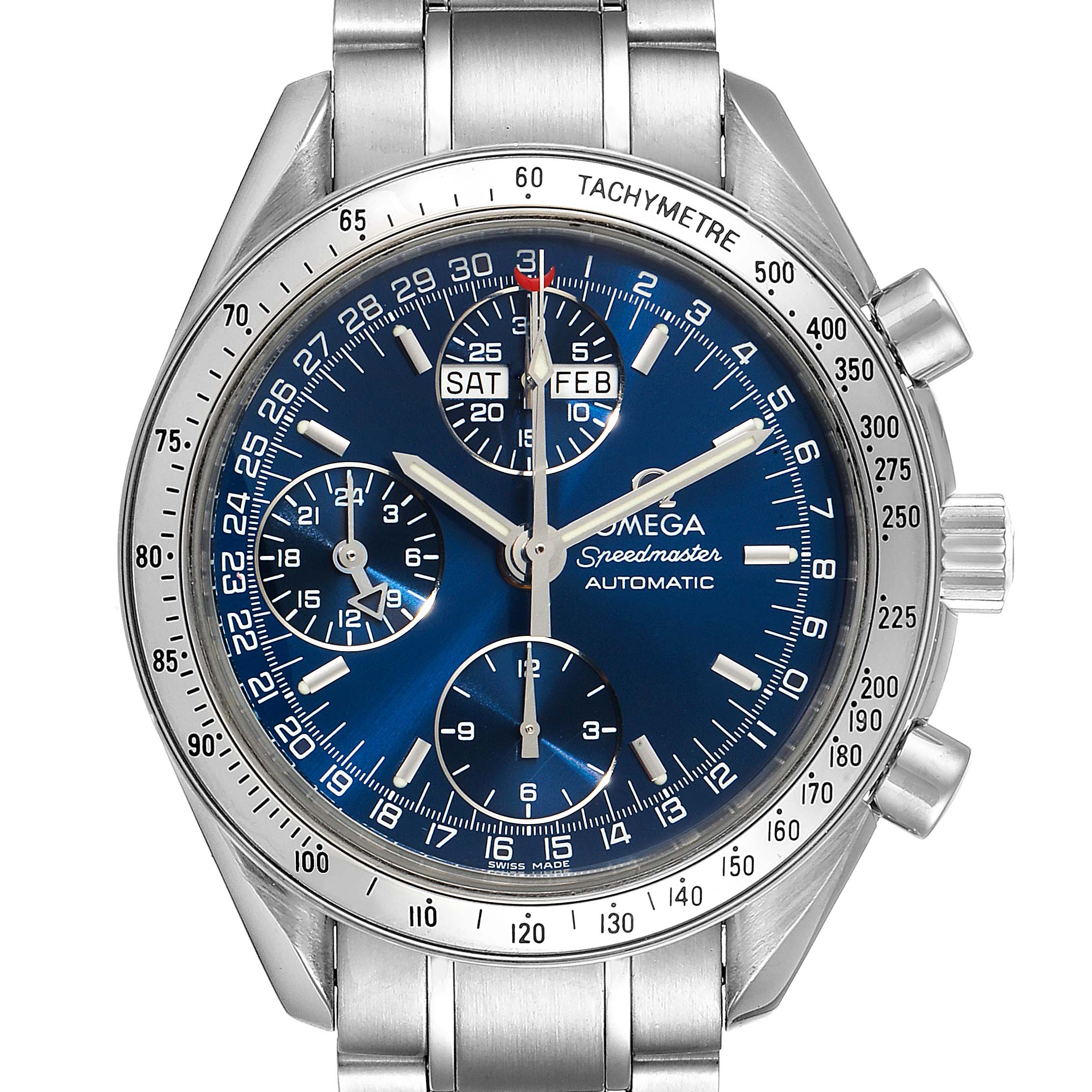 This Omega Speedmaster 3523.80.00 Men
s Stainless Steel Blue Dial 3523.80.00 Men
s Stainless Steel Blue Dial watch is shown from a front angle, displaying its dial, tachymeter bezel, and metal bracelet.