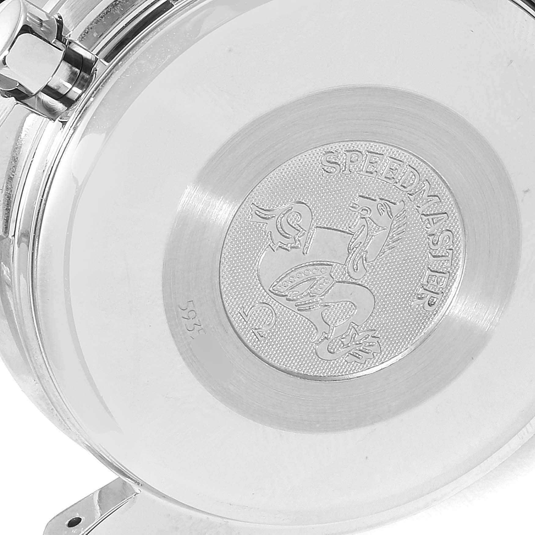 The image shows the engraved case back of an Omega Speedmaster 3523.80.00 Men
s Stainless Steel Blue Dial 3523.80.00 Men
s Stainless Steel Blue Dial watch, featuring the Speedmaster logo.