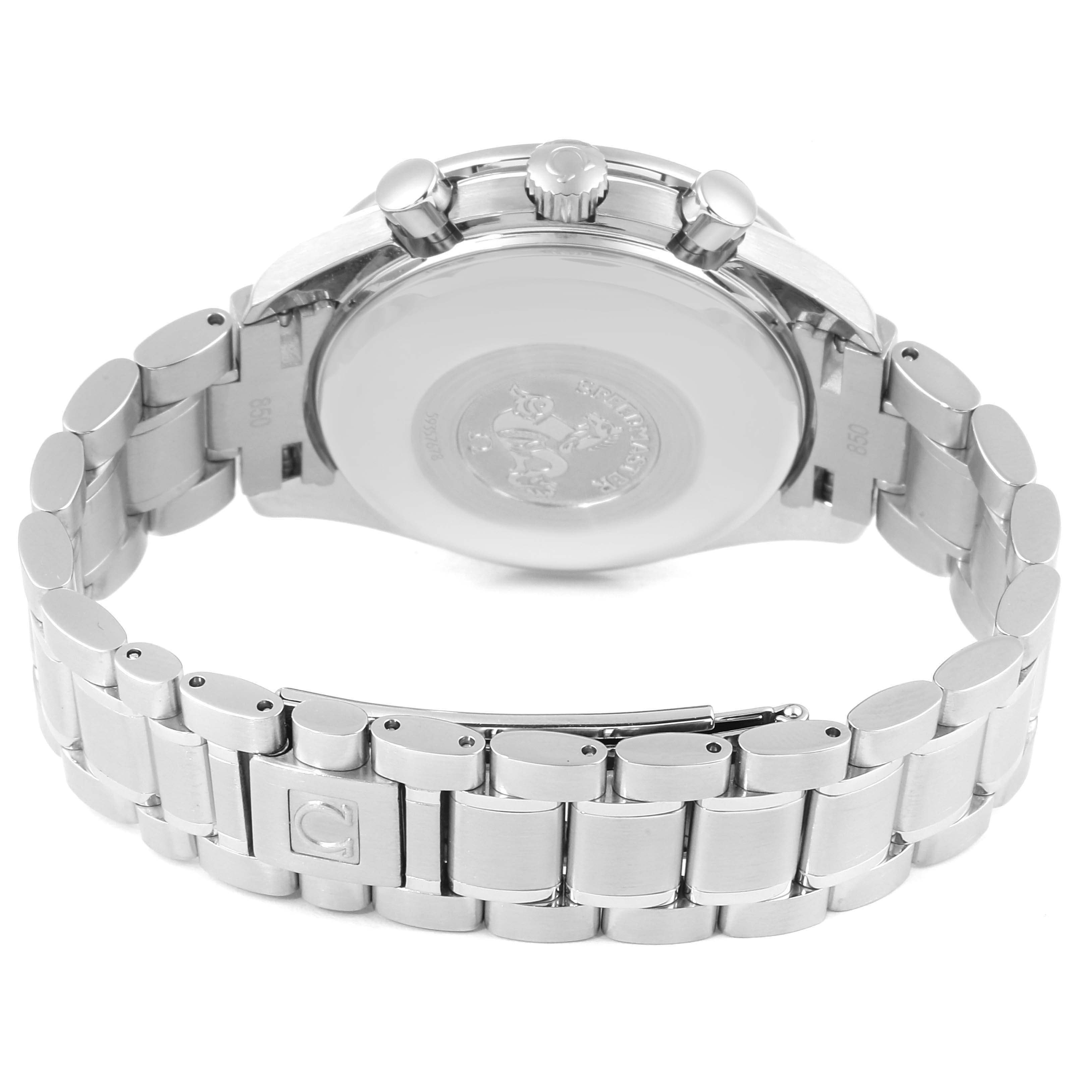 The image shows the back and bracelet of an Omega Speedmaster 3523.80.00 Men
s Stainless Steel Blue Dial 3523.80.00 Men
s Stainless Steel Blue Dial watch from a rear angle.