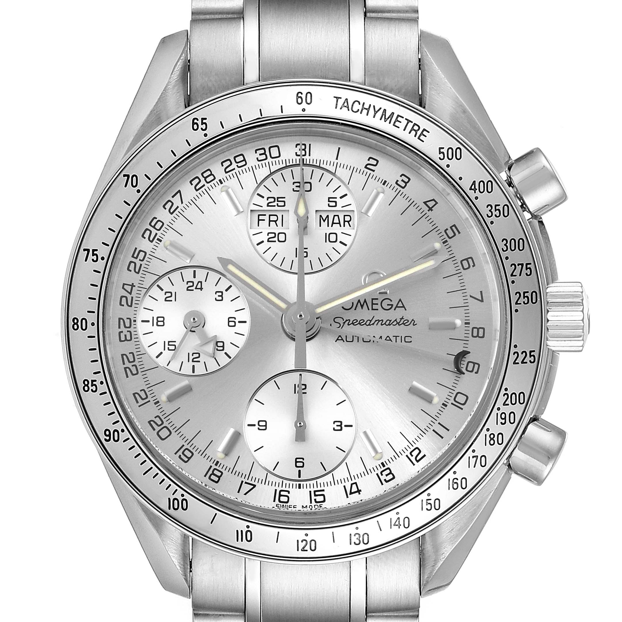 This image shows a frontal view of the Omega Speedmaster 3523.30.00 Men's Stainless Steel Silver Dial 3523.30.00 Men's Stainless Steel Silver Dial watch, highlighting the dial, subdials, bezel, and bracelet.