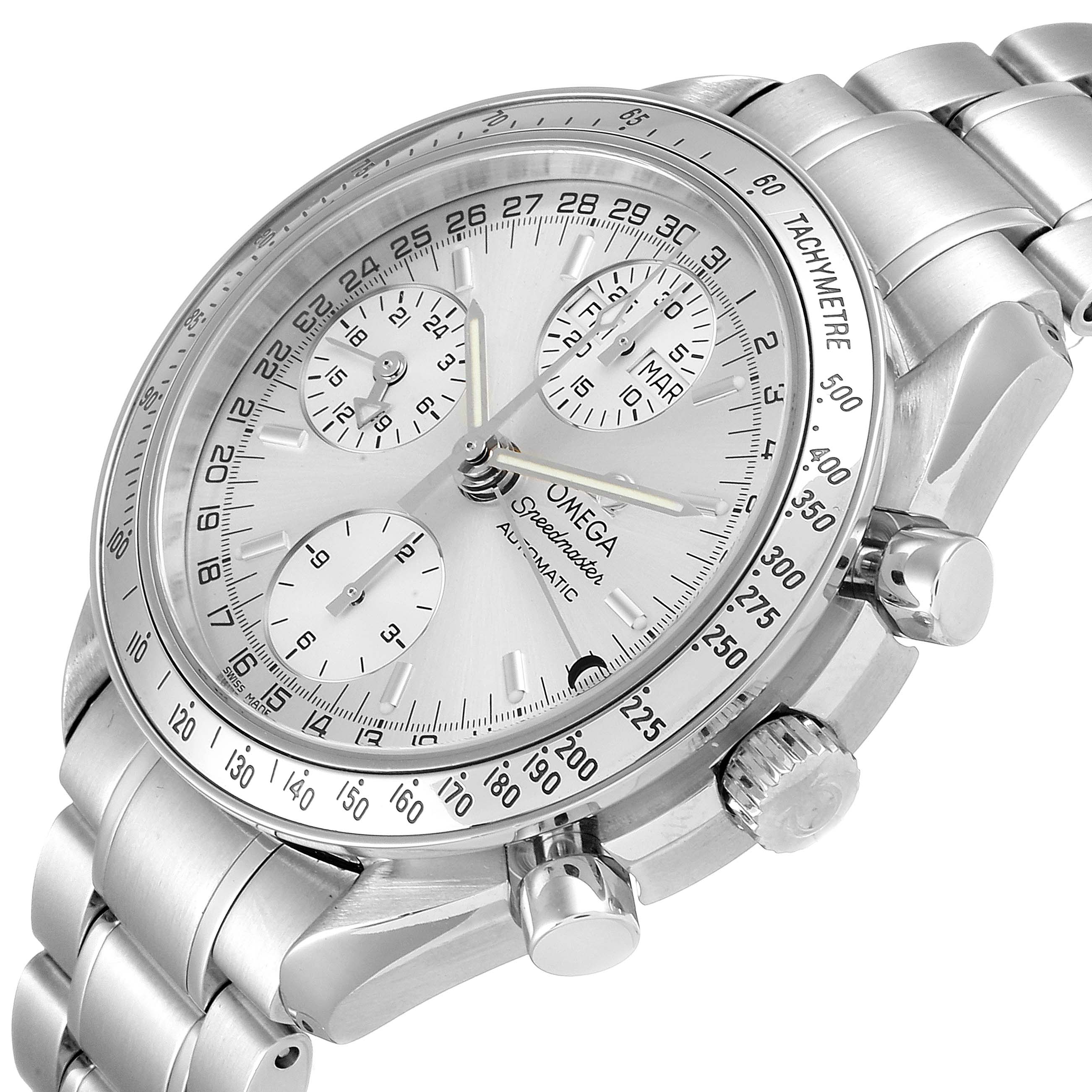 The image shows a close-up angle of the Omega Speedmaster 3523.30.00 Men's Stainless Steel Silver Dial 3523.30.00 Men's Stainless Steel Silver Dial watch, highlighting its chronograph dials, tachymeter, and crown.