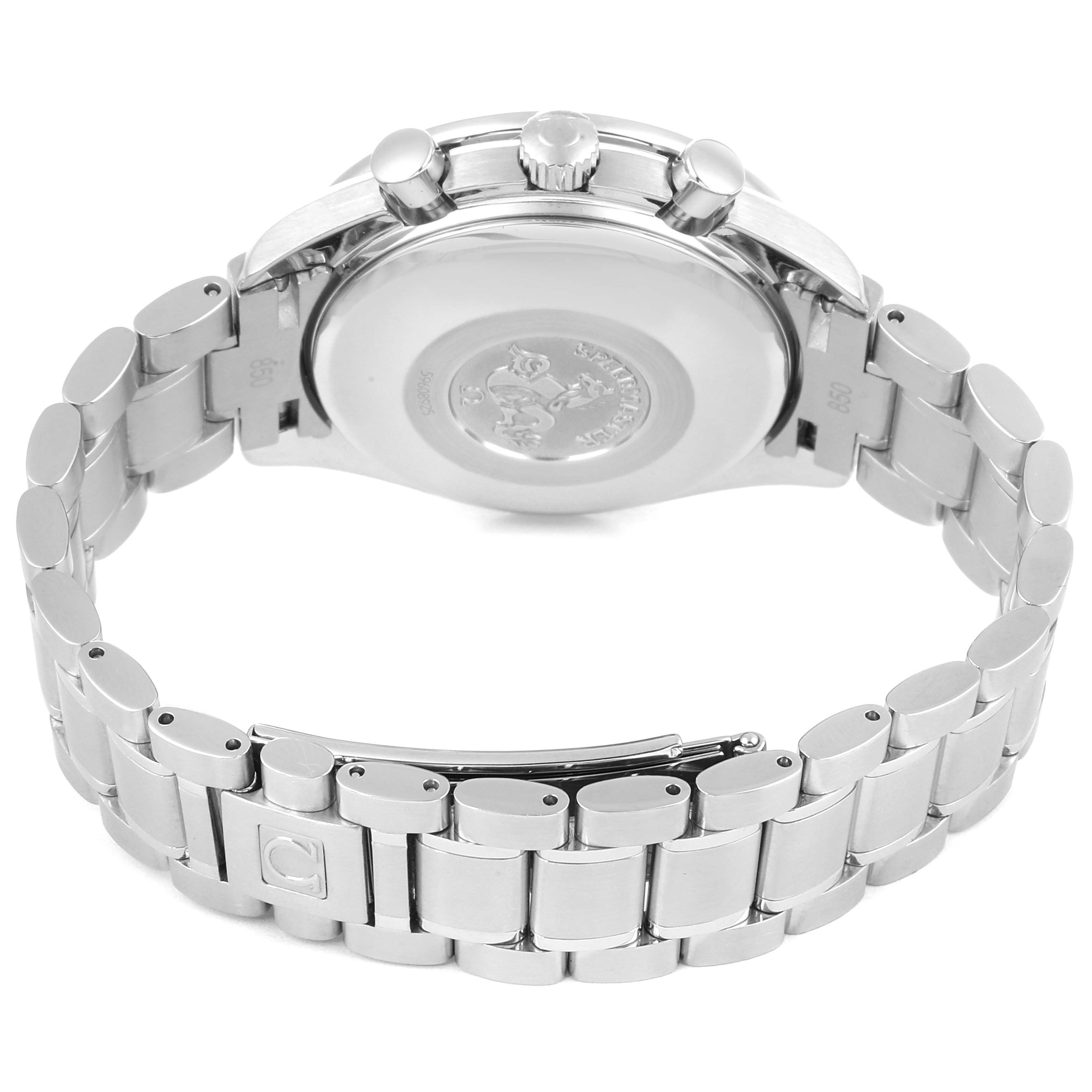 The image shows the back view of an Omega Speedmaster 3523.30.00 Men's Stainless Steel Silver Dial 3523.30.00 Men's Stainless Steel Silver Dial watch, highlighting its bracelet and case back.