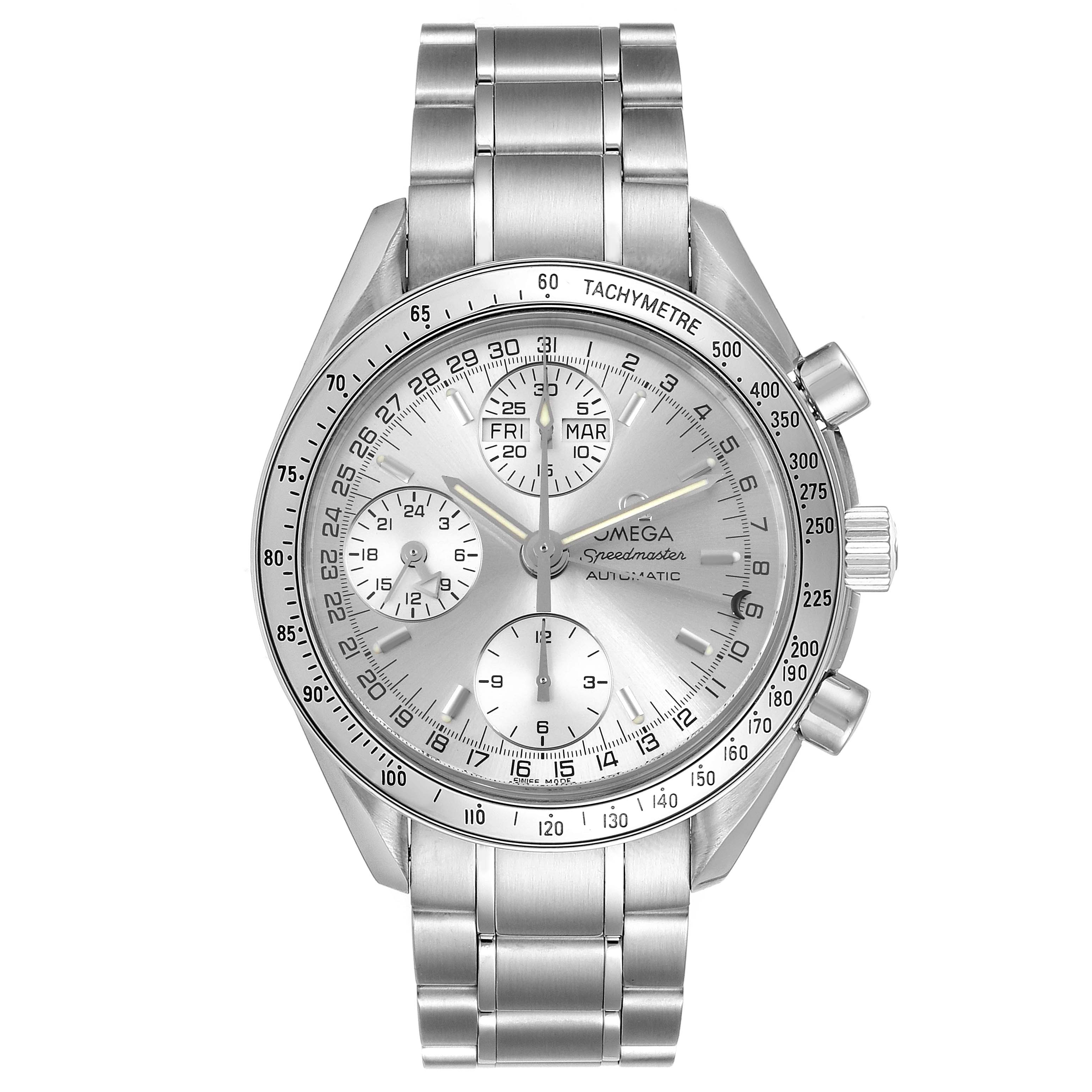 The Omega Speedmaster 3523.30.00 Men's Stainless Steel Silver Dial 3523.30.00 Men's Stainless Steel Silver Dial watch is shown from a top-down angle, displaying the dial, bezel, and bracelet.