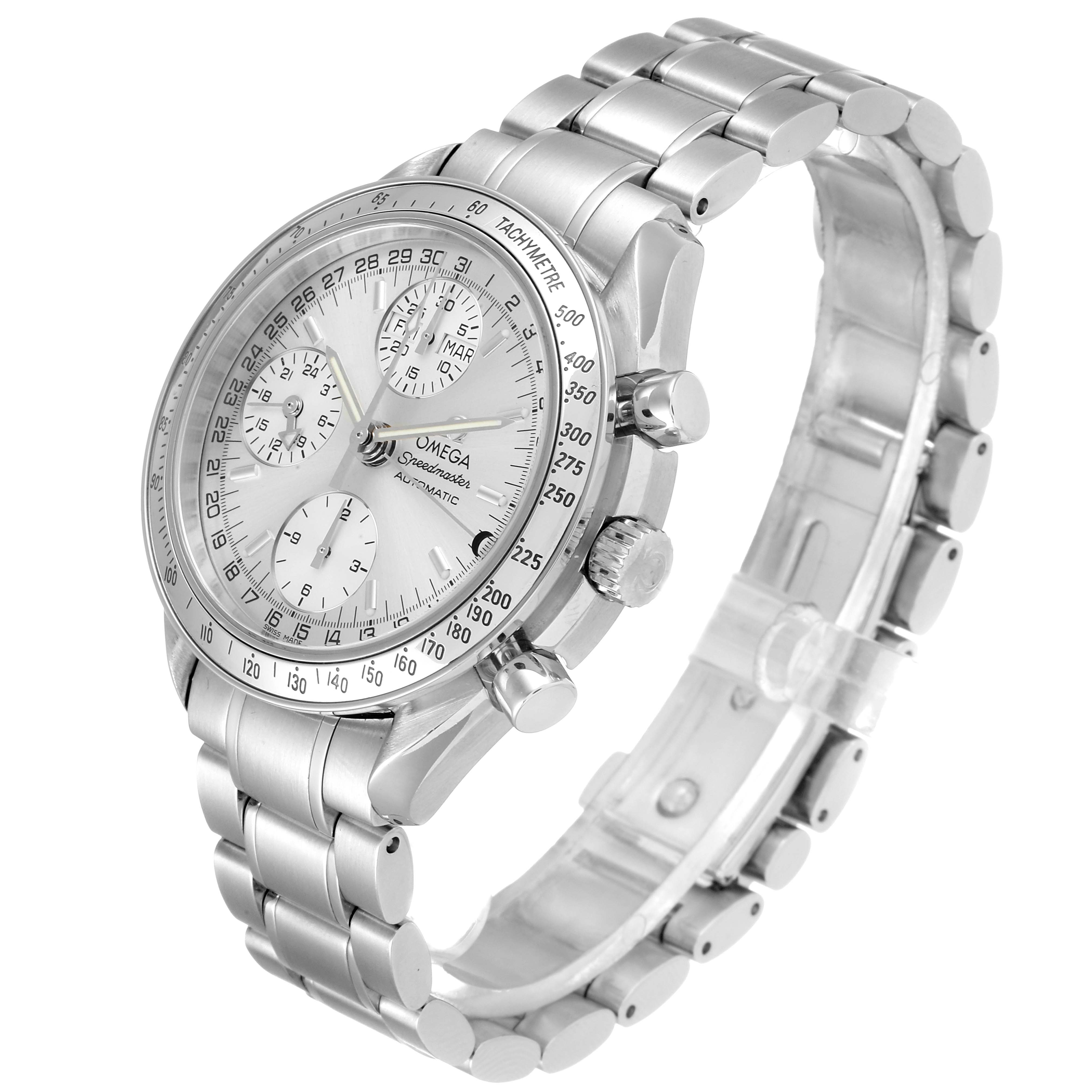 The image shows a side and angled top view of an Omega Speedmaster 3523.30.00 Men's Stainless Steel Silver Dial 3523.30.00 Men's Stainless Steel Silver Dial watch, highlighting its dial, bezel, and metal bracelet.