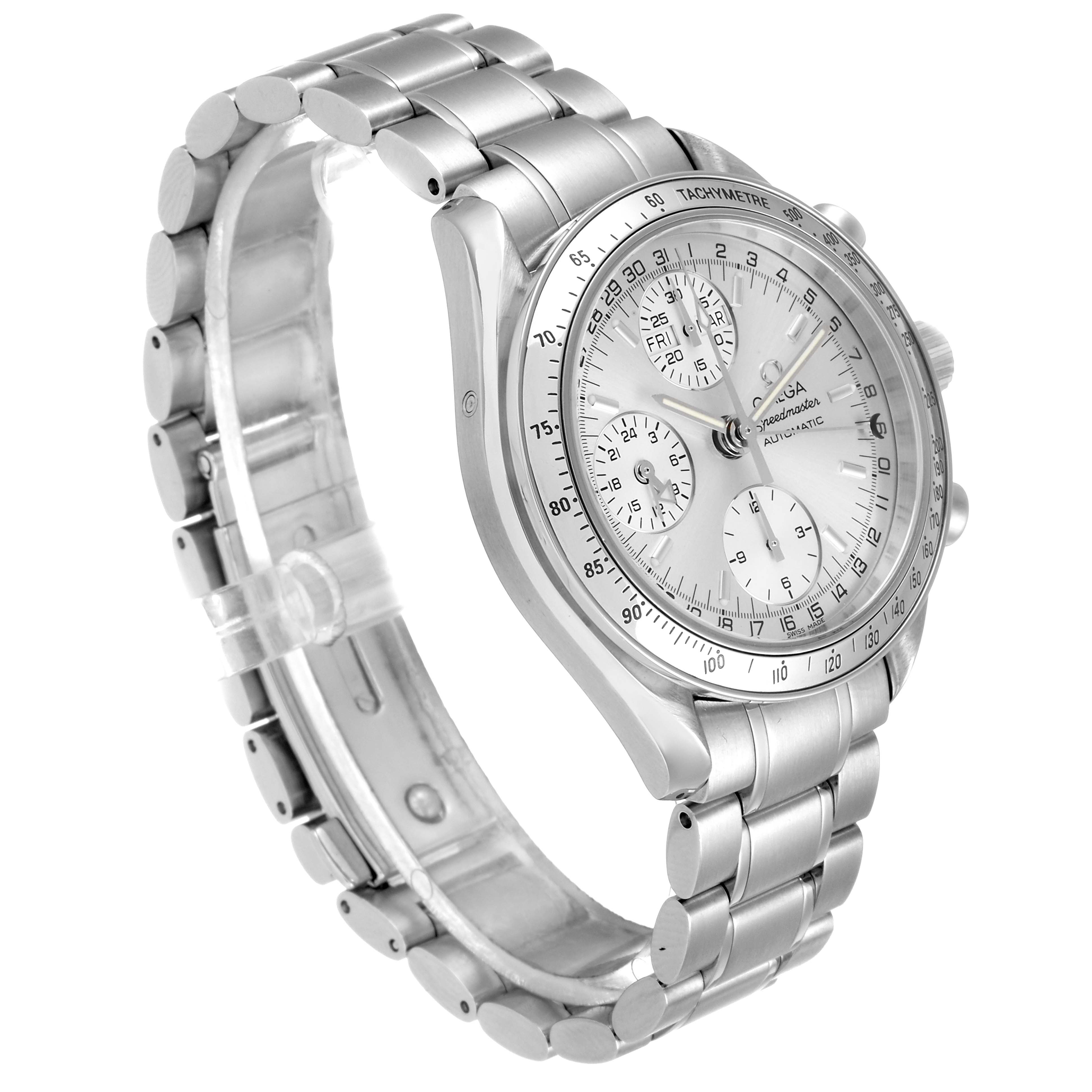 The Omega Speedmaster 3523.30.00 Men's Stainless Steel Silver Dial 3523.30.00 Men's Stainless Steel Silver Dial watch is shown at a three-quarter angle, displaying the face, bracelet, and side pushers.