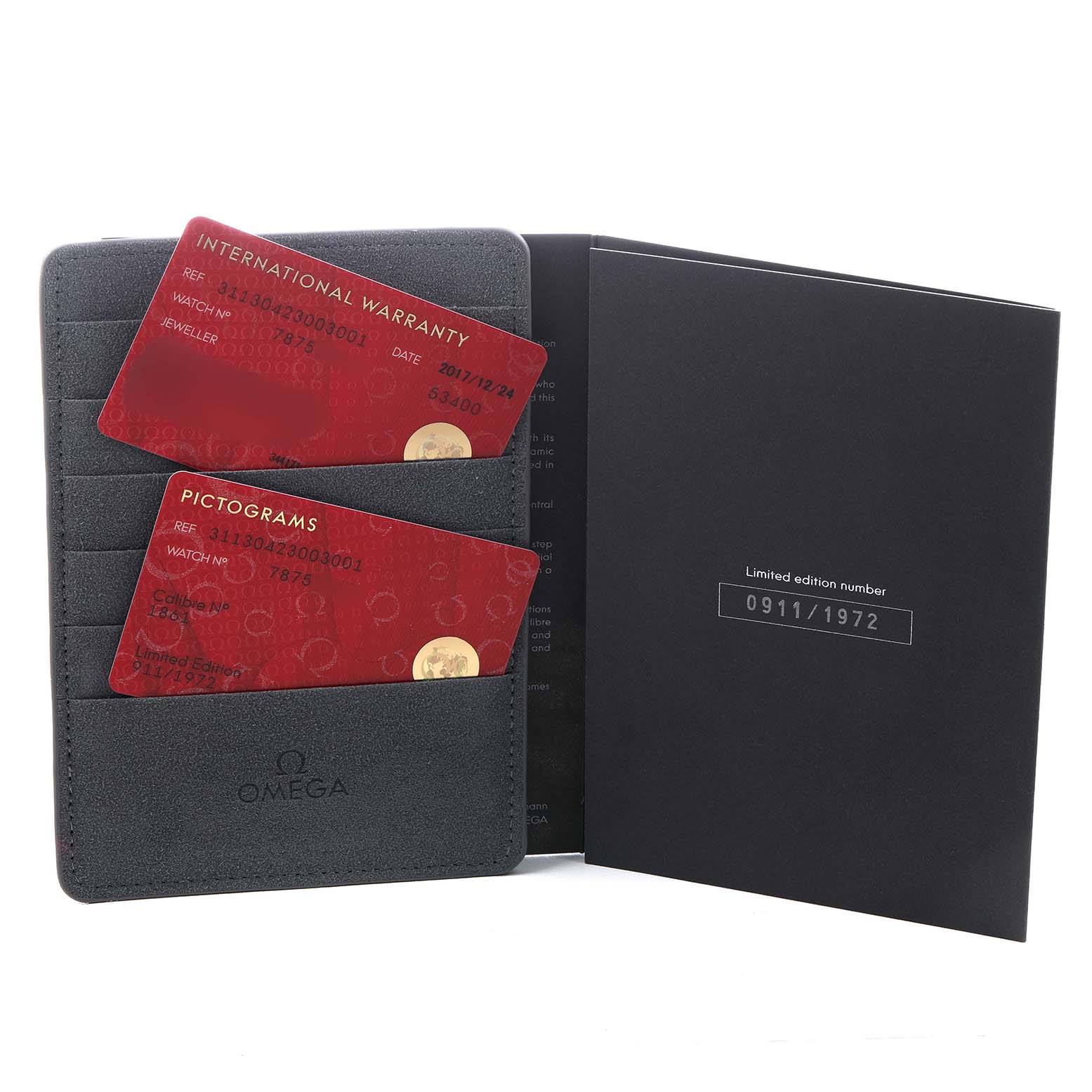 The image shows Omega Speedmaster 311.30.42.30.03.001 Men's Stainless Steel Blue Dial accessories, including warranty cards in a holder and a booklet displaying the limited edition number.