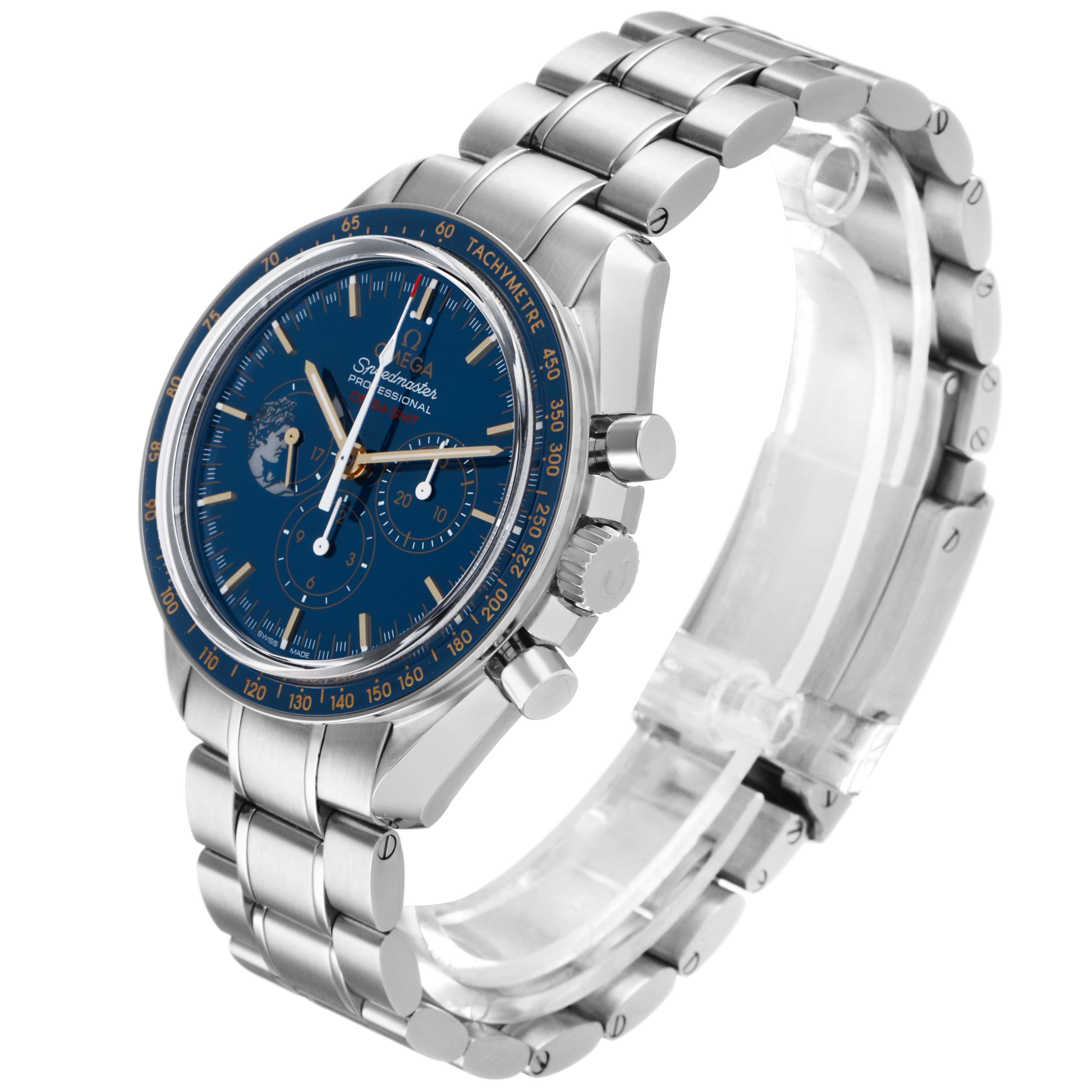 The Omega Speedmaster 311.30.42.30.03.001 Men's Stainless Steel Blue Dial watch is shown at a 3/4 angle, displaying the face, bezel, crown, pushers, and metal bracelet.