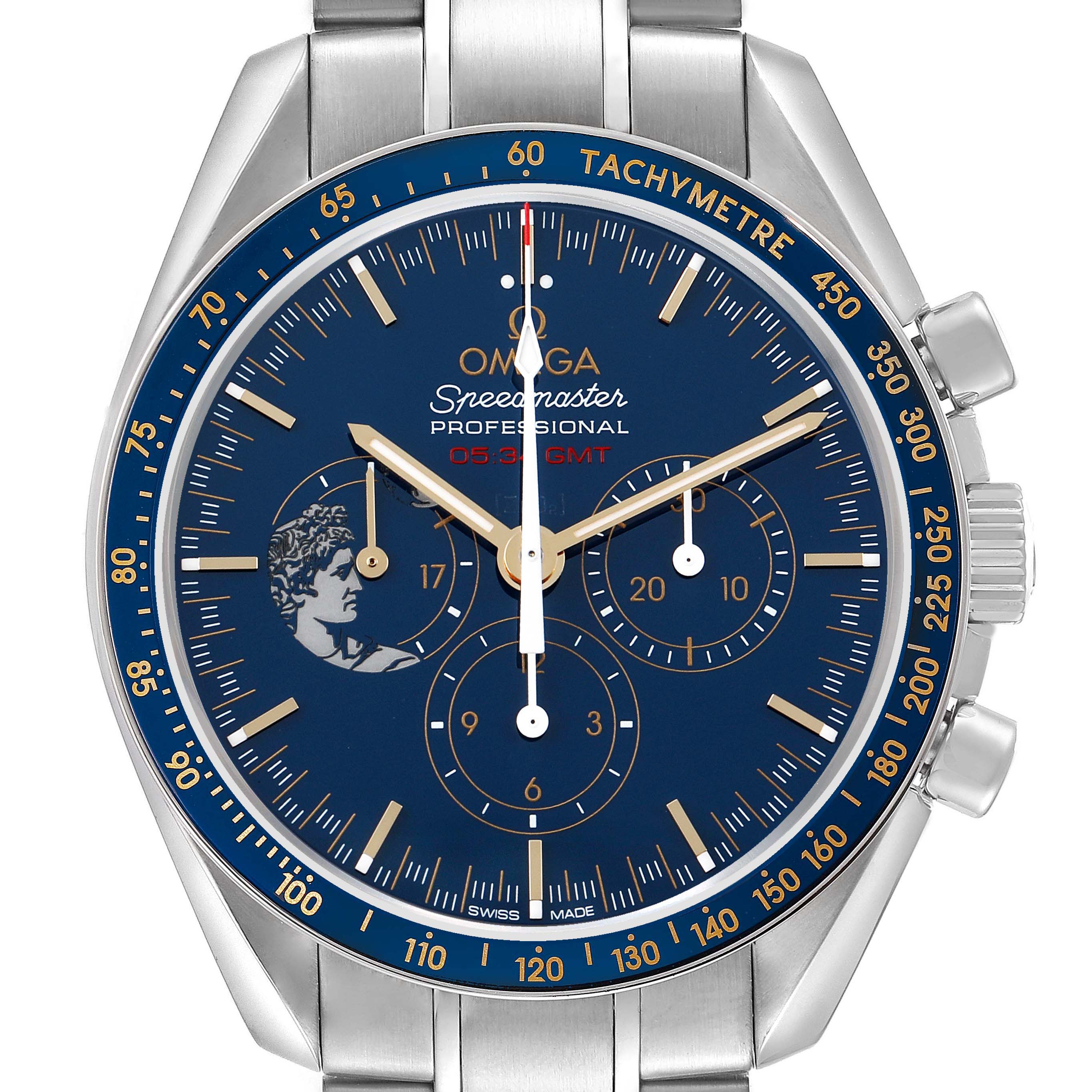 The Omega Speedmaster 311.30.42.30.03.001 Men's Stainless Steel Blue Dial watch is shown from the front, highlighting the dial, subdials, bezel, and bracelet.