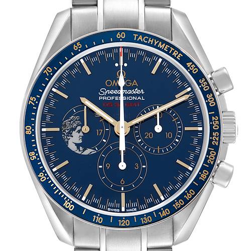 The image shows a frontal view of an Omega Speedmaster 311.30.42.30.03.001 Men's Stainless Steel Blue Dial watch, highlighting its blue dial, tachymeter bezel, and chronograph subdials.