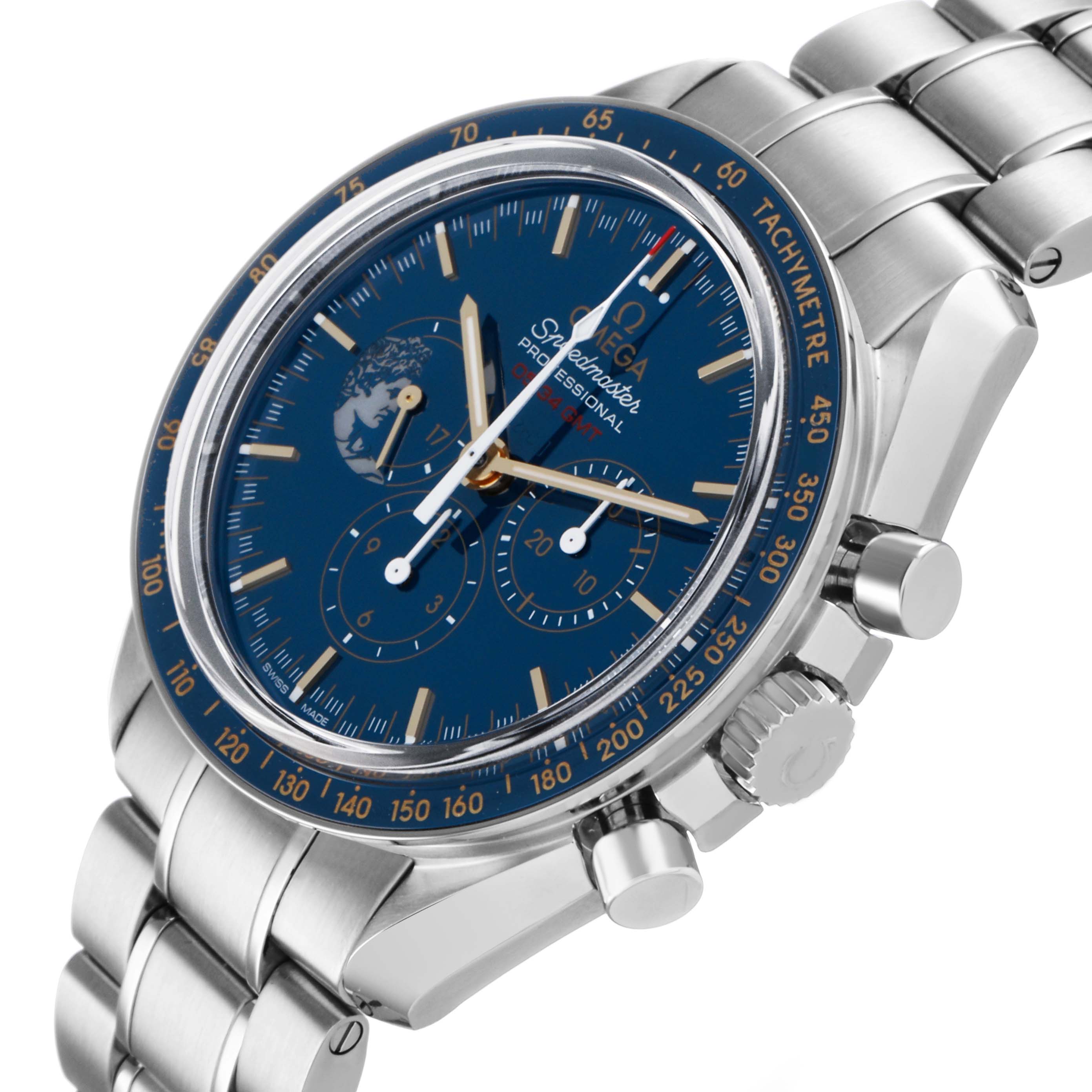 The Omega Speedmaster 311.30.42.30.03.001 Men's Stainless Steel Blue Dial watch is shown at a slight angle, highlighting the dial, tachymetre bezel, and silver bracelet.