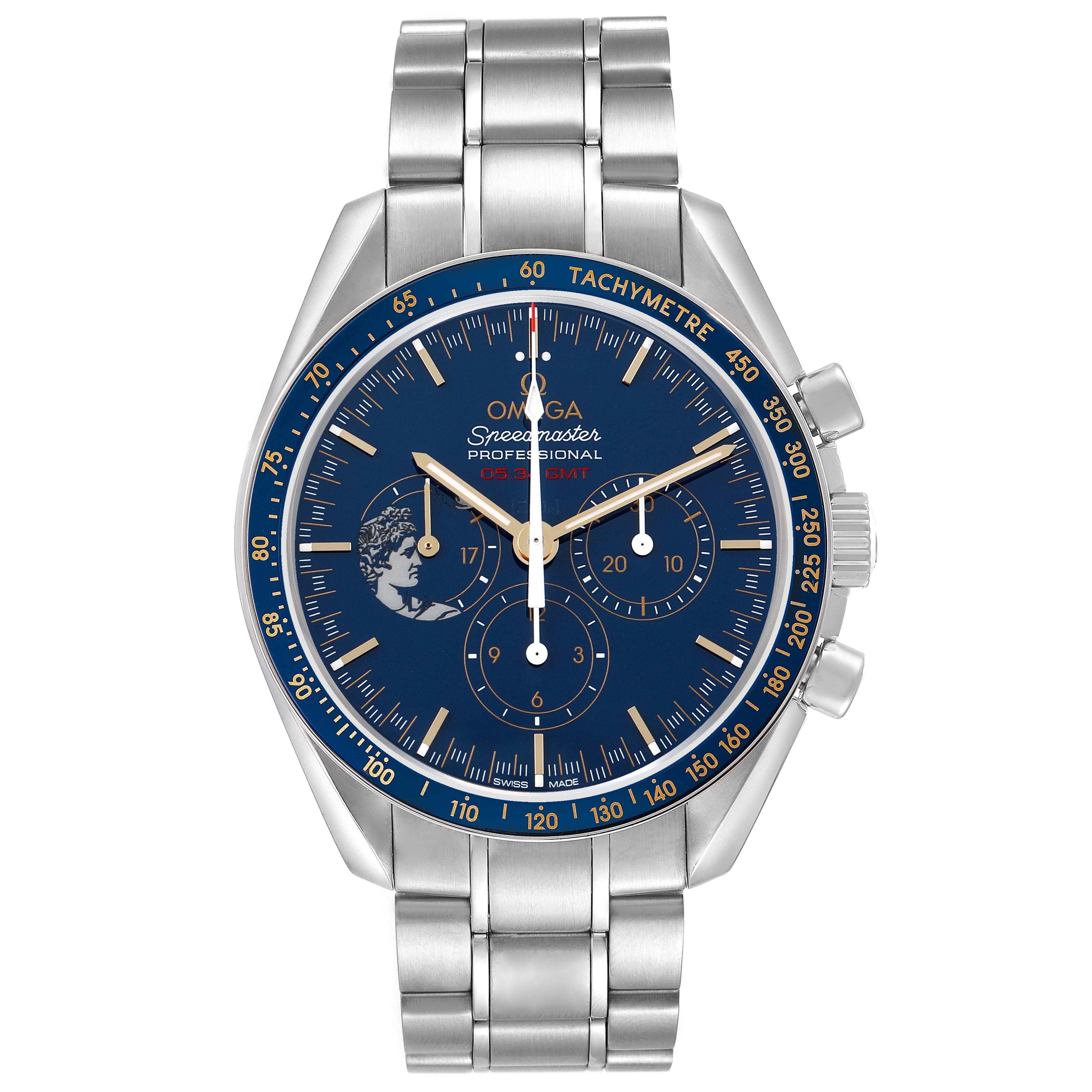 The Omega Speedmaster 311.30.42.30.03.001 Men's Stainless Steel Blue Dial watch is shown from a front angle, highlighting the dial, bezel, and bracelet.