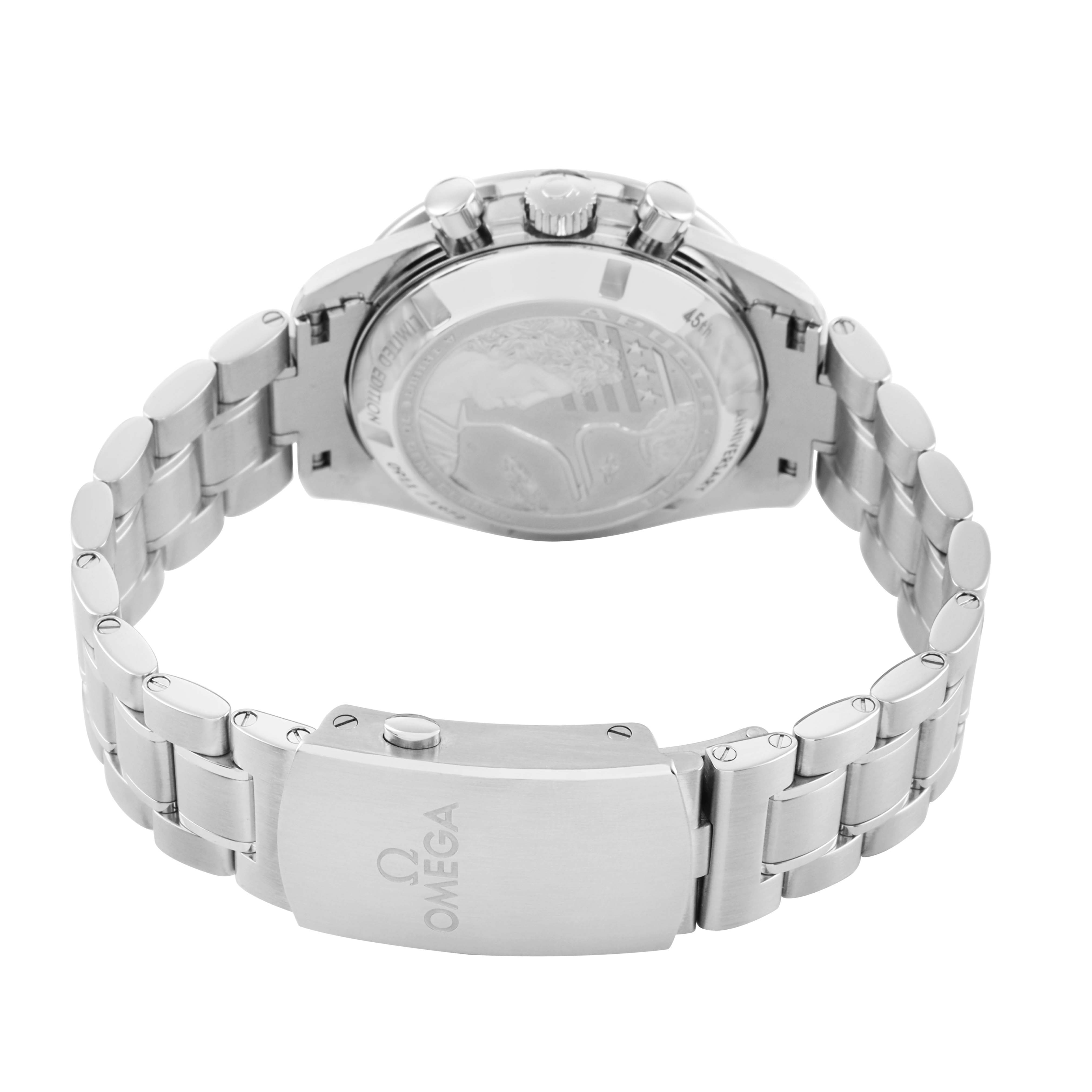 The image shows the back of an Omega Speedmaster 311.30.42.30.03.001 Men's Stainless Steel Blue Dial watch, highlighting the case back and metal bracelet with clasp.