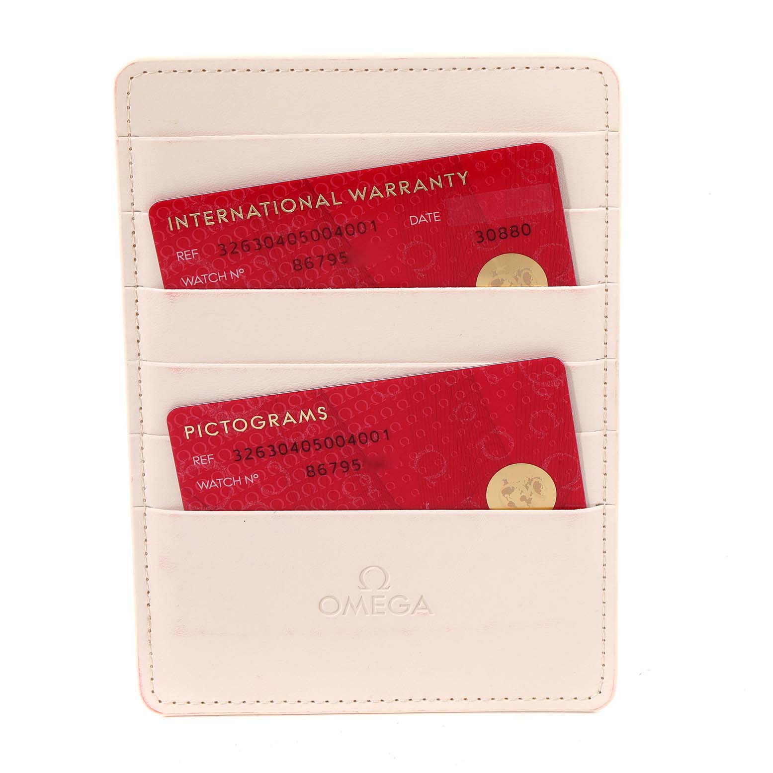 This image shows the warranty and pictograms cards for an Omega Speedmaster 326.30.40.50.04.001 Men's Stainless Steel White Dial 326.30.40.50.04.001 Men's Stainless Steel White Dial, held in a white Omega-branded cardholder.